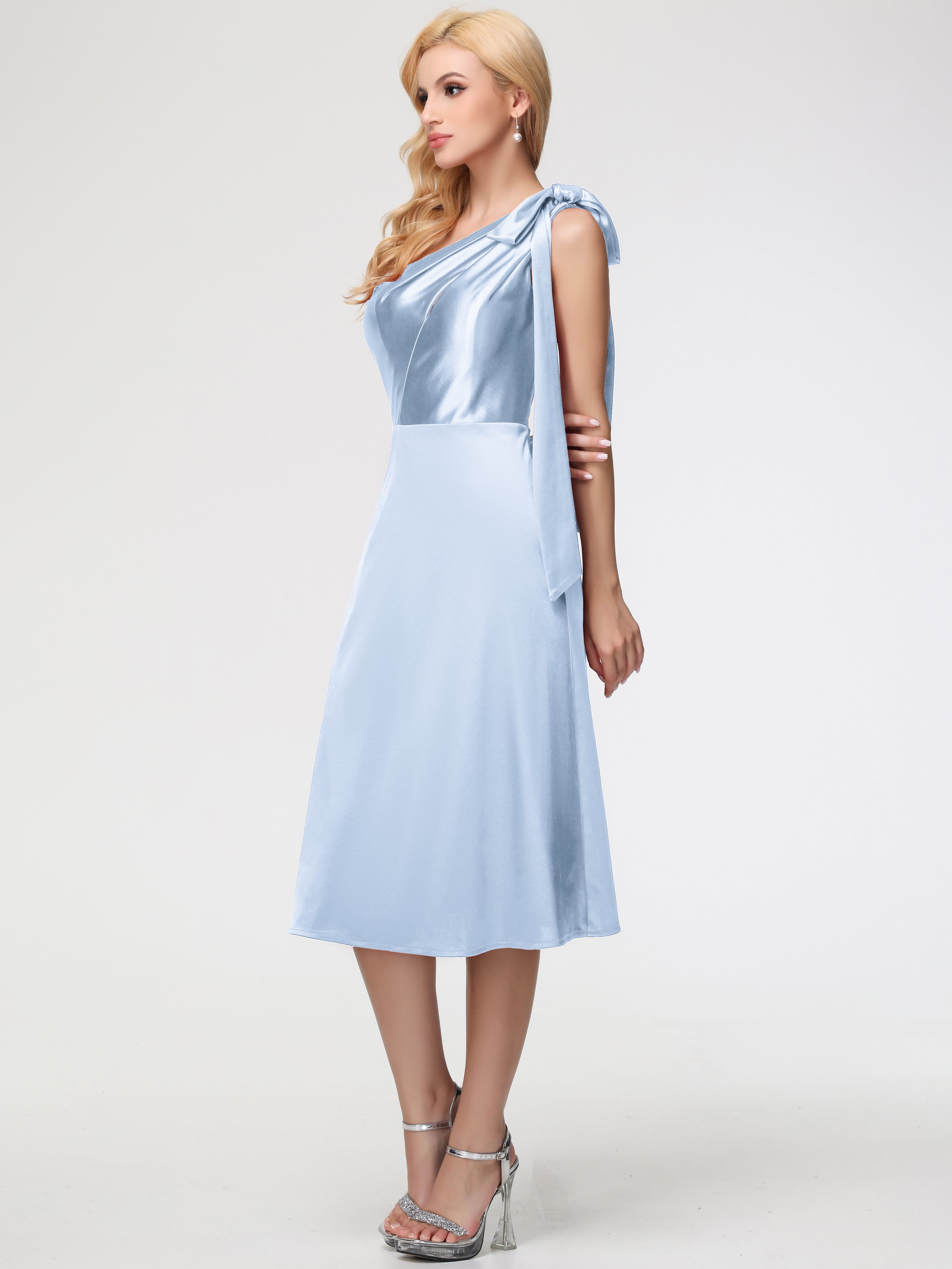 Robe Bleu Ciel Demoiselle D Honneur Seule-épaule Mi-Longue Satin Extensible Robe De Demoiselle D'Honneur
