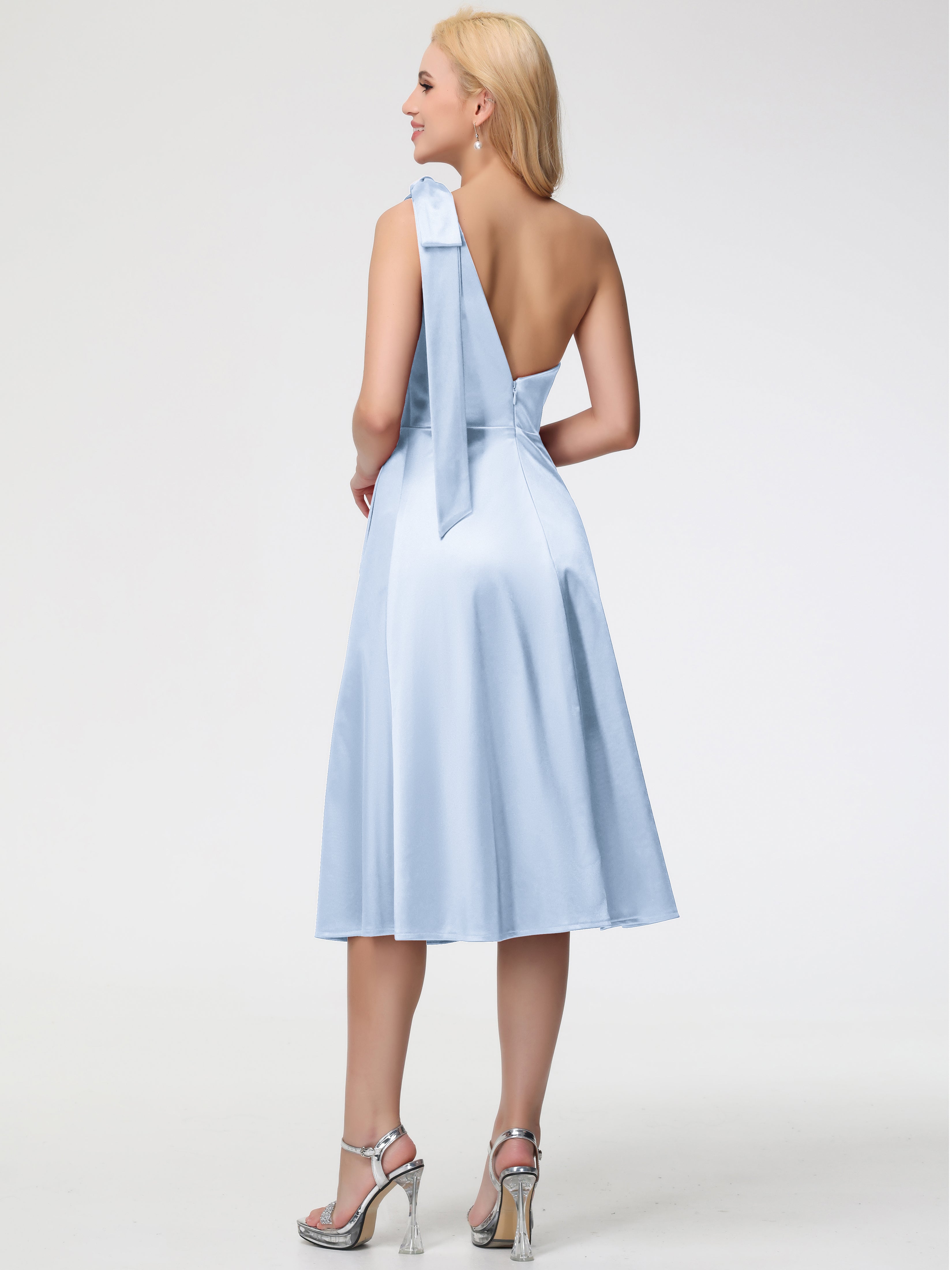 Robe Bleu Ciel Demoiselle D Honneur Seule-épaule Mi-Longue Satin Extensible Robe De Demoiselle D'Honneur