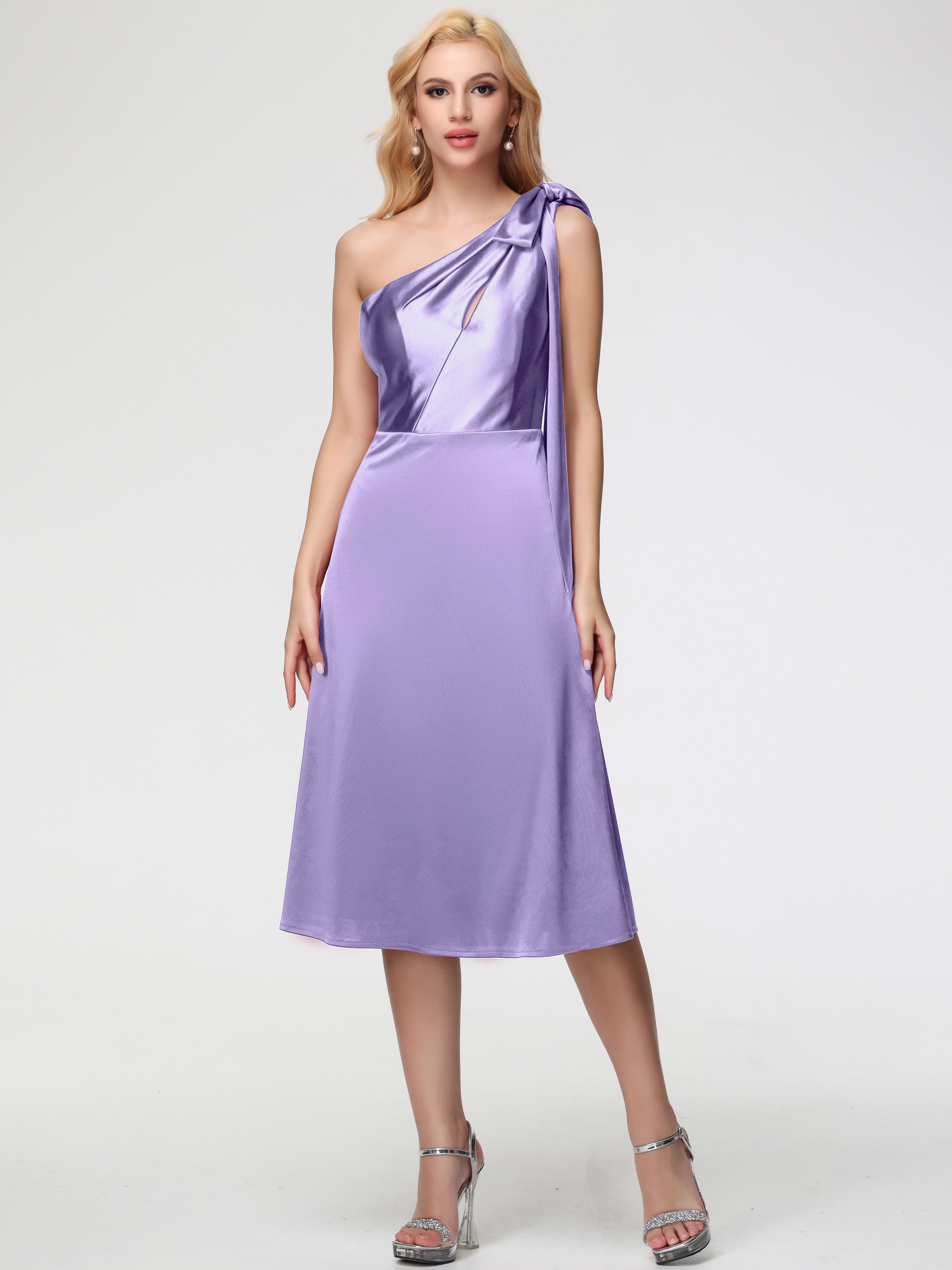 Robes De Demoiselle D'Honneur Tahiti Seule-épaule Mi-Longue Satin Extensible Robe De Demoiselle D'Honneur
