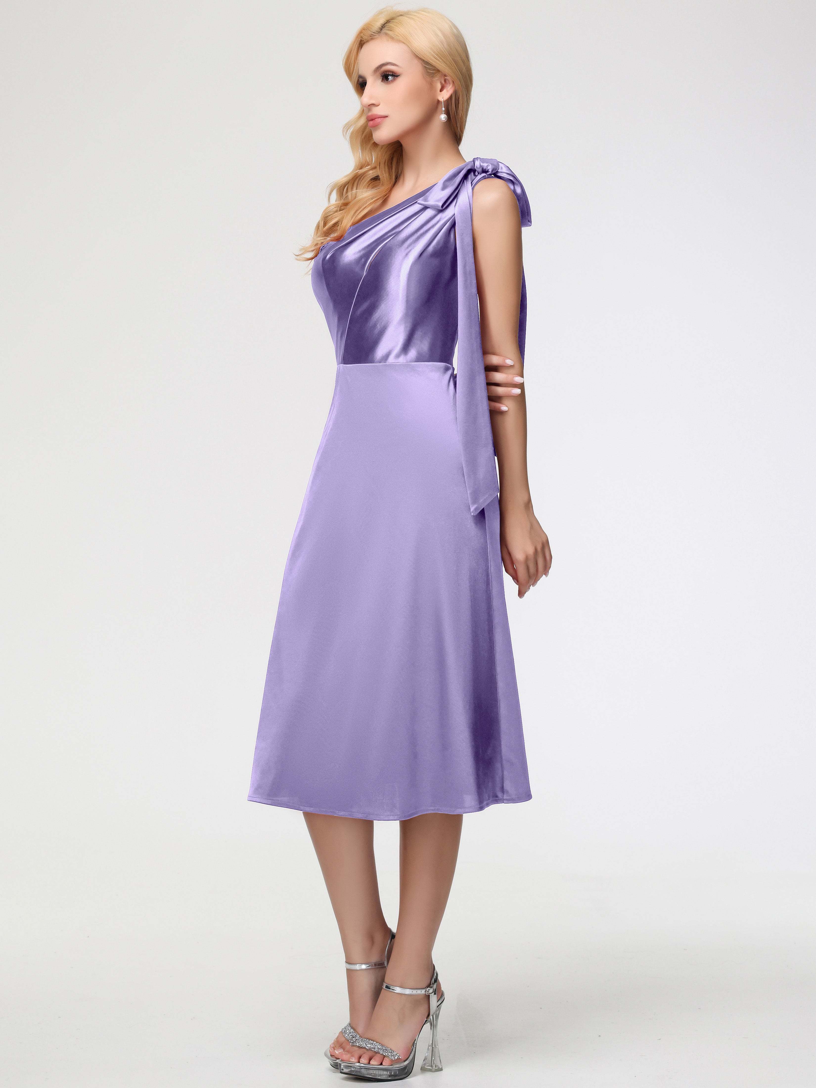 Robes De Demoiselle D'Honneur Tahiti Seule-épaule Mi-Longue Satin Extensible Robe De Demoiselle D'Honneur