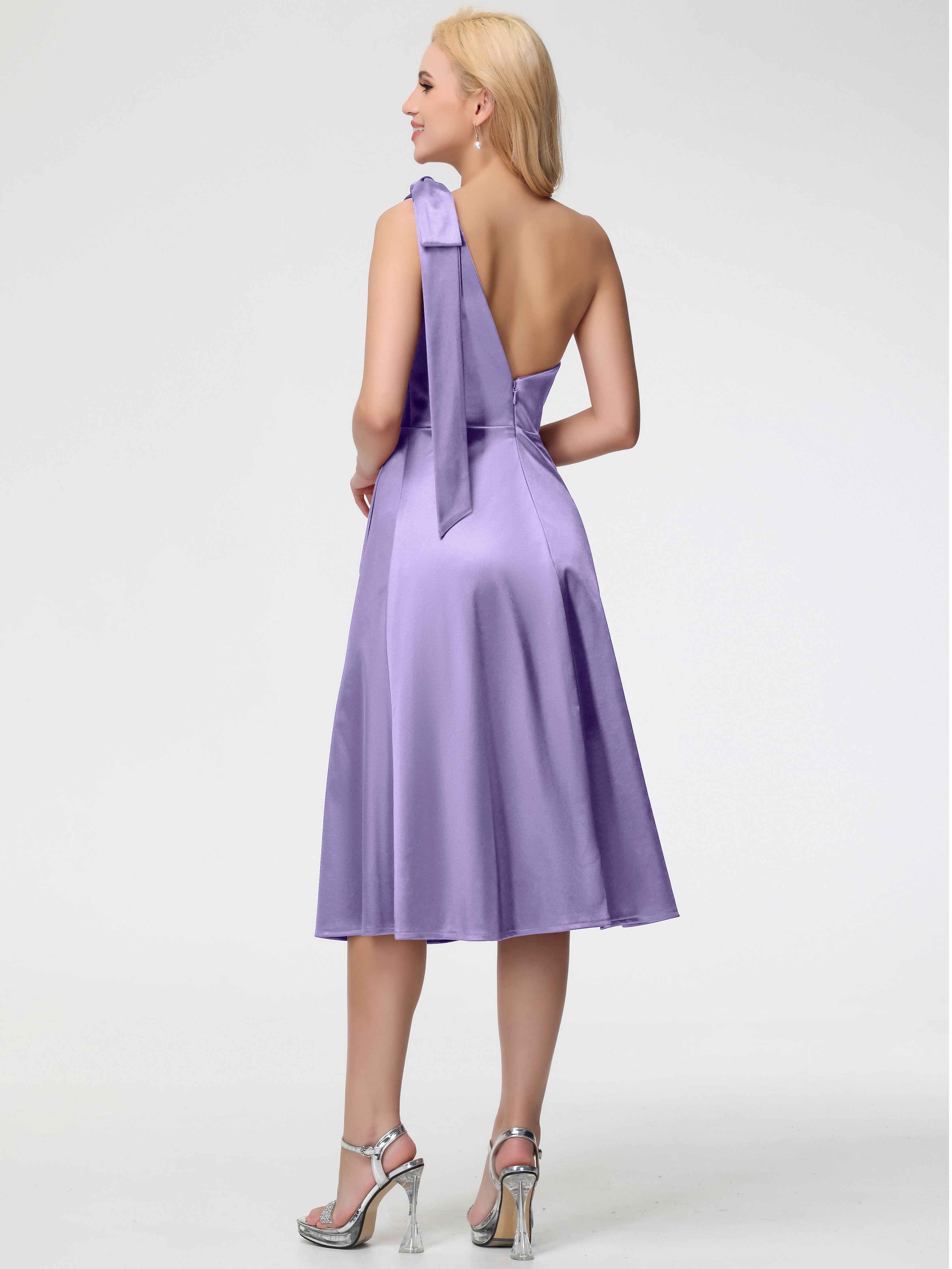 Robes De Demoiselle D'Honneur Tahiti Seule-épaule Mi-Longue Satin Extensible Robe De Demoiselle D'Honneur