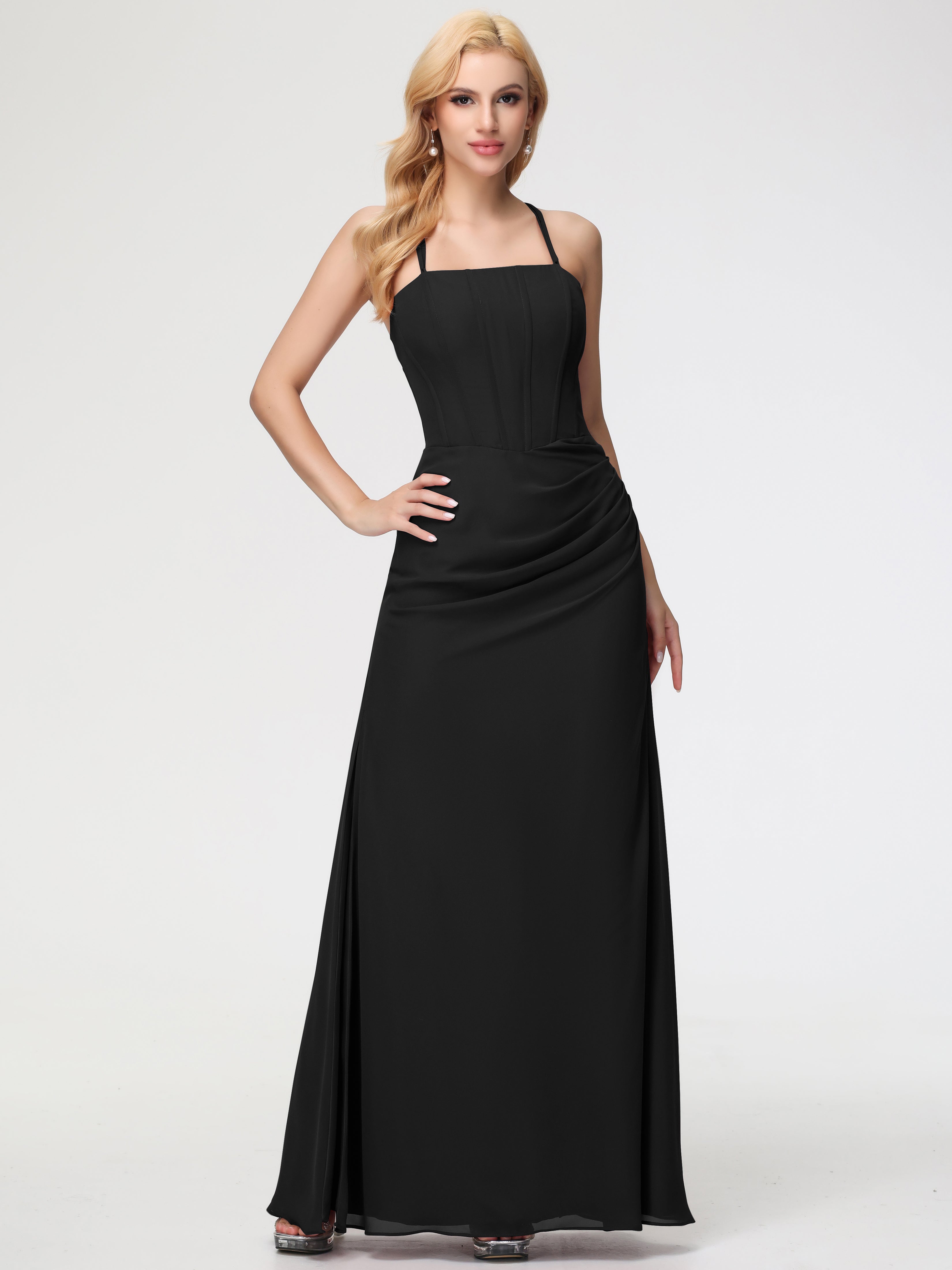 Robes De Demoiselle D'Honneur Noires Bretelles Spaghetti Fourreau Mousseline Robe Demoiselle D'Honneur