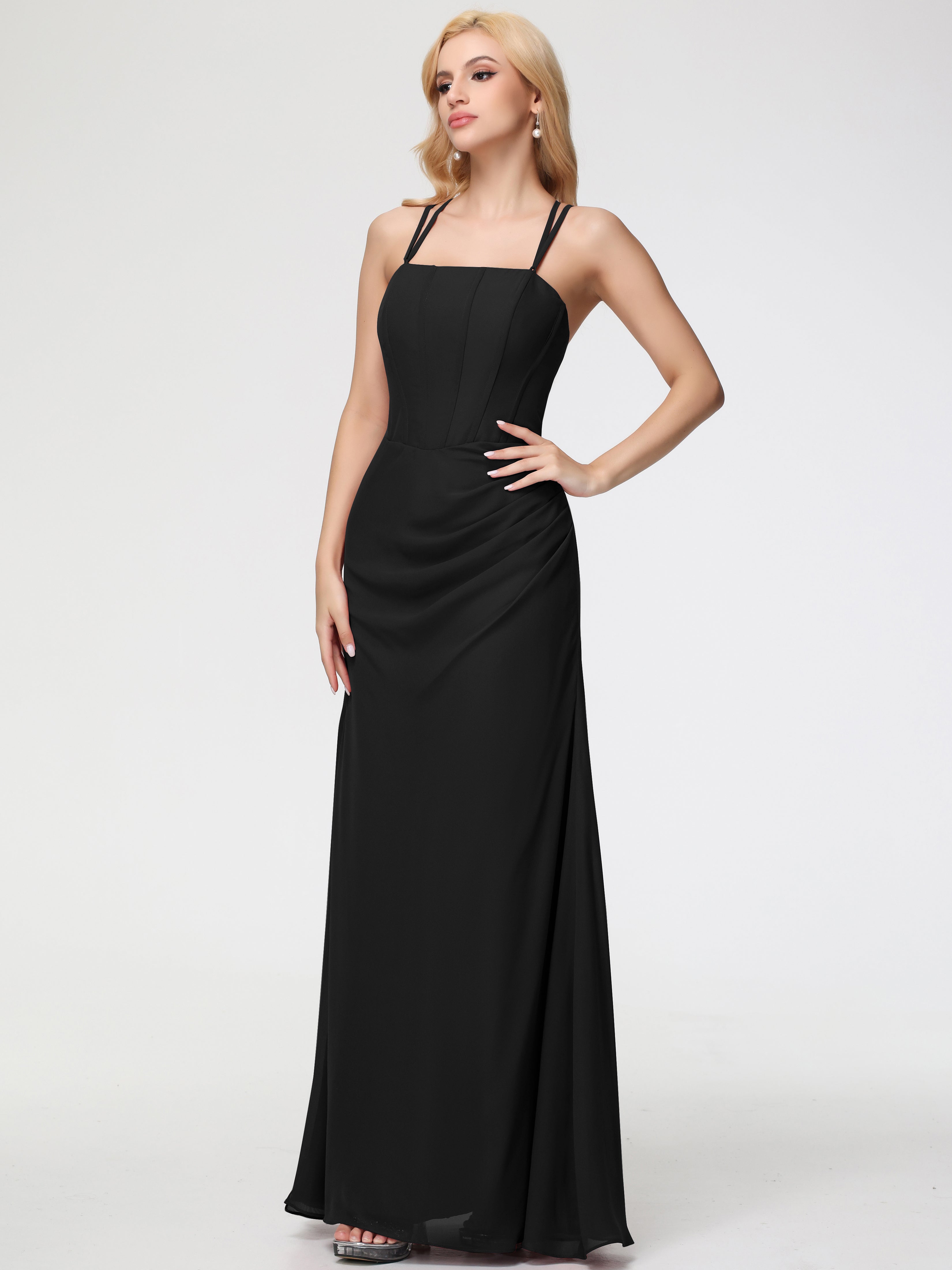 Robes De Demoiselle D'Honneur Noires Bretelles Spaghetti Fourreau Mousseline Robe Demoiselle D'Honneur