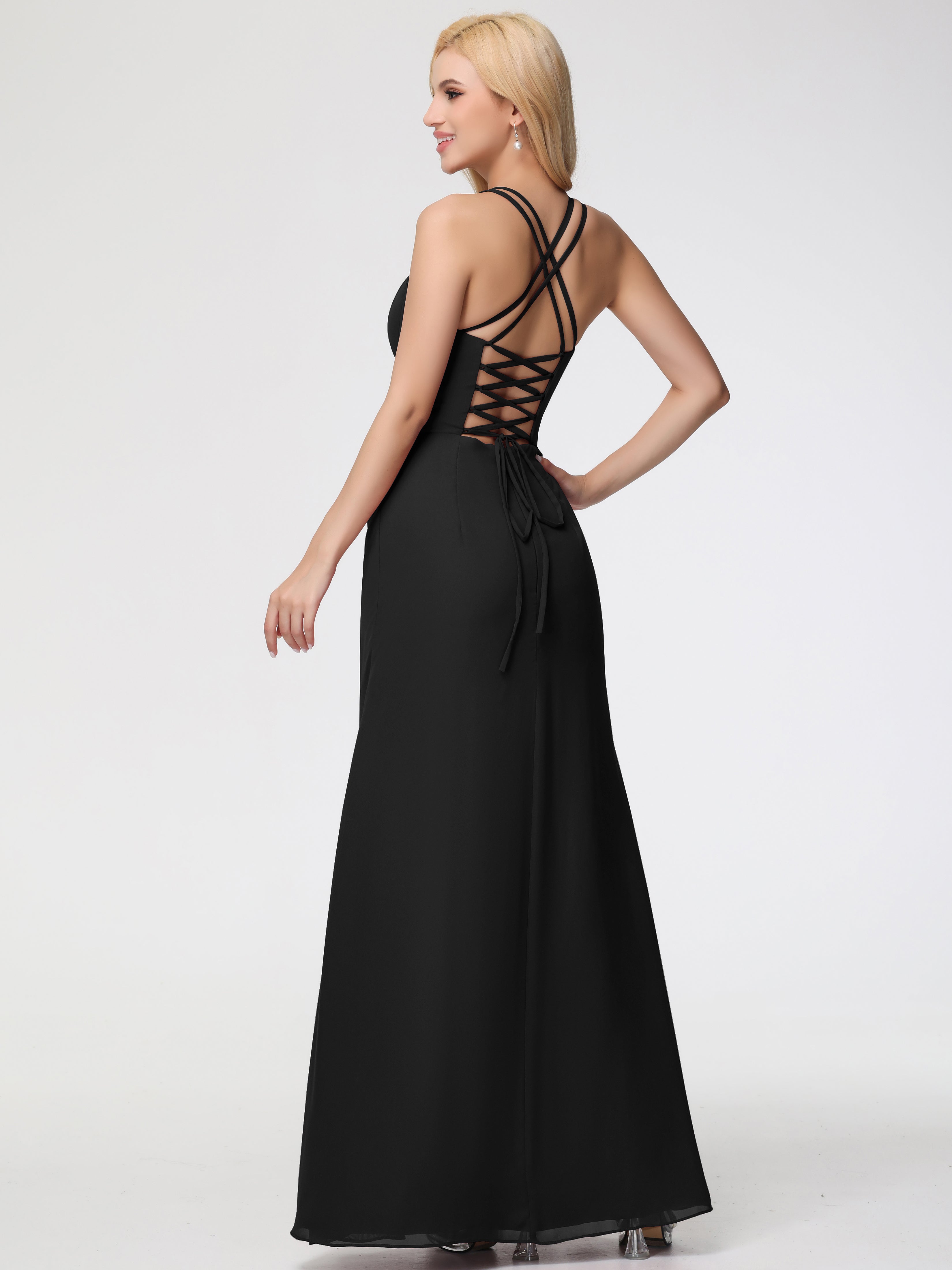 Robes De Demoiselle D'Honneur Noires Bretelles Spaghetti Fourreau Mousseline Robe Demoiselle D'Honneur