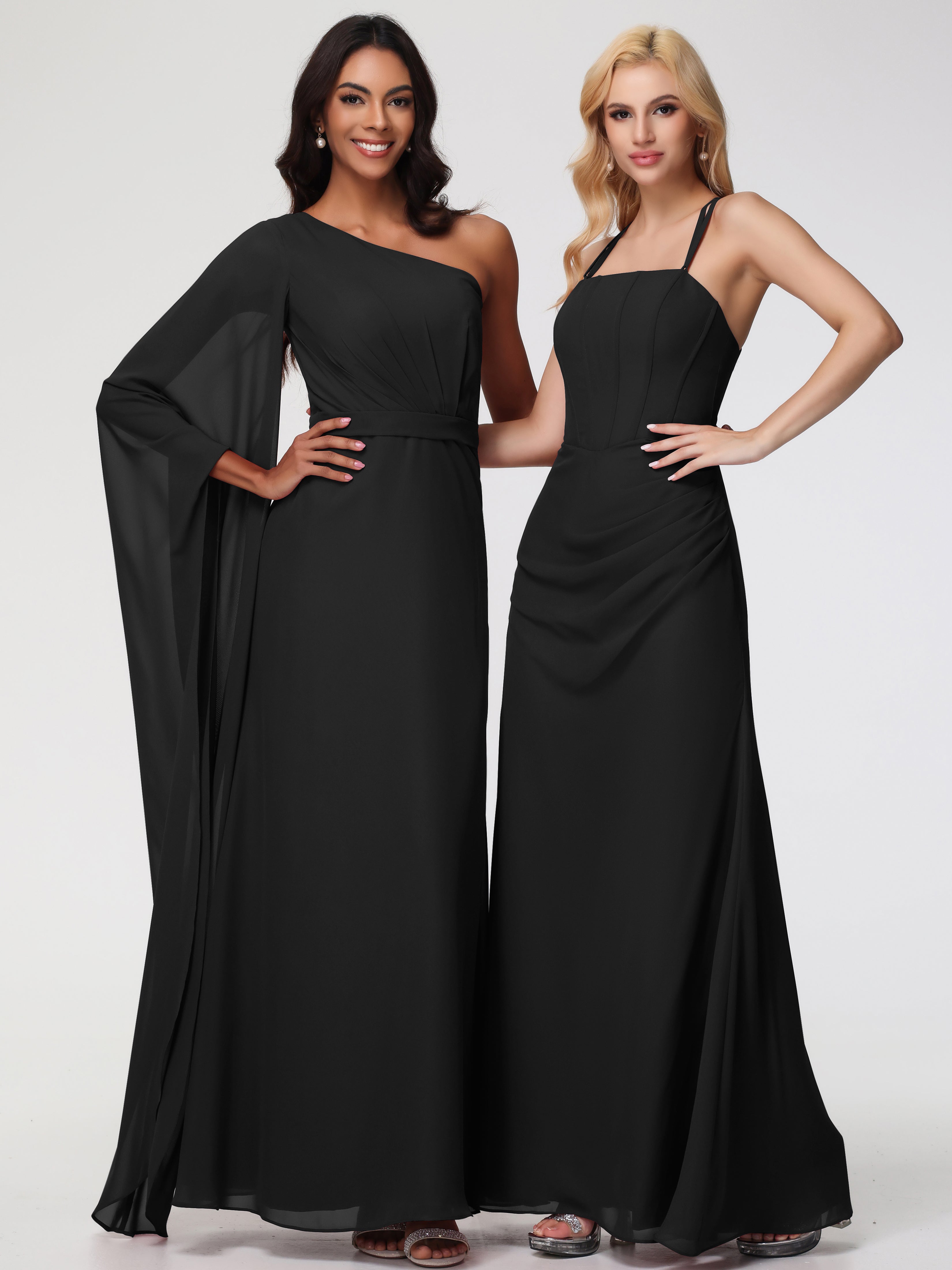 Robes De Demoiselle D'Honneur Noires Bretelles Spaghetti Fourreau Mousseline Robe Demoiselle D'Honneur