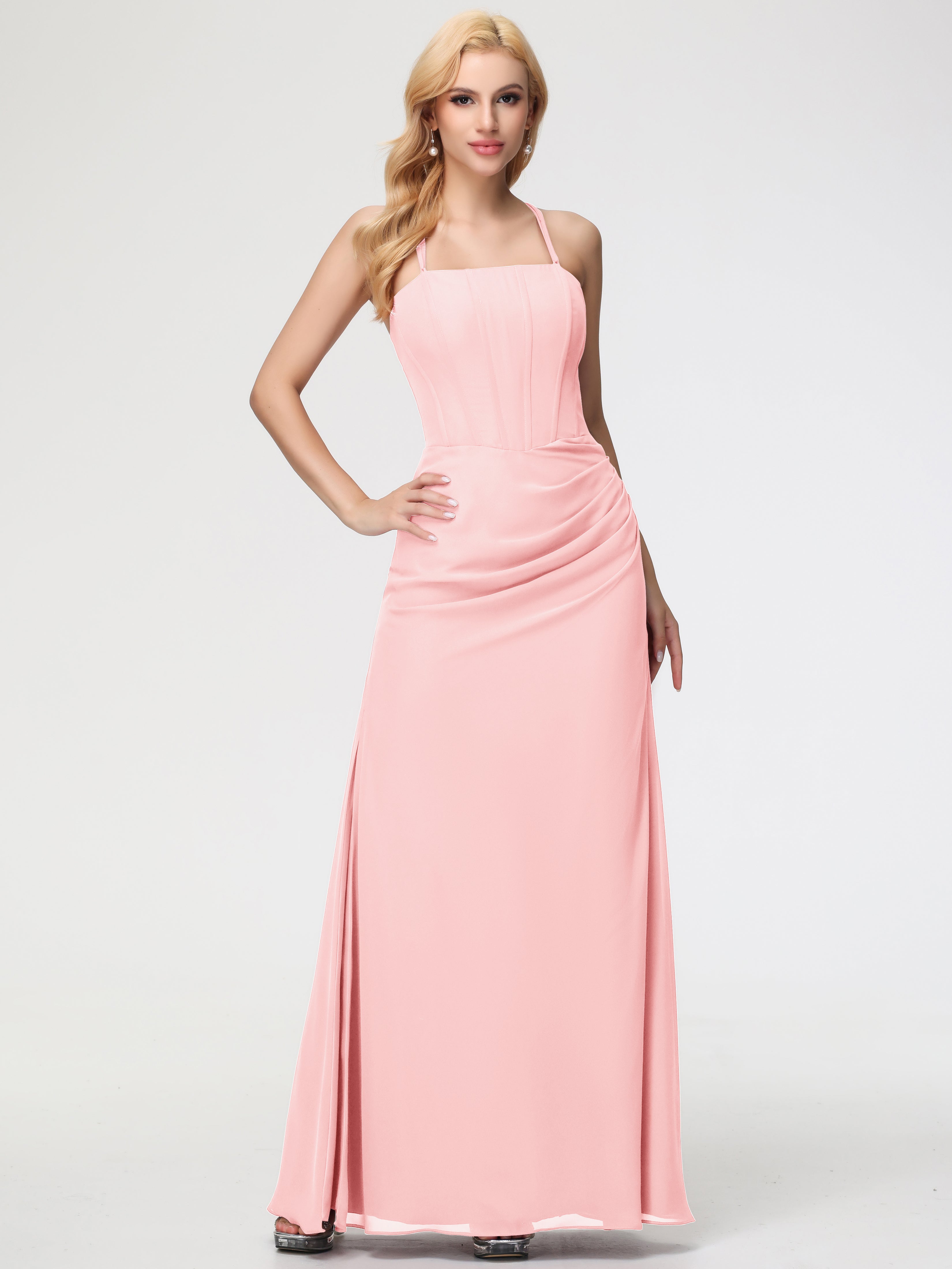 Robe De Demoiselle D Honneur Rose Bretelles Spaghetti Fourreau Mousseline Robe Demoiselle D'Honneur