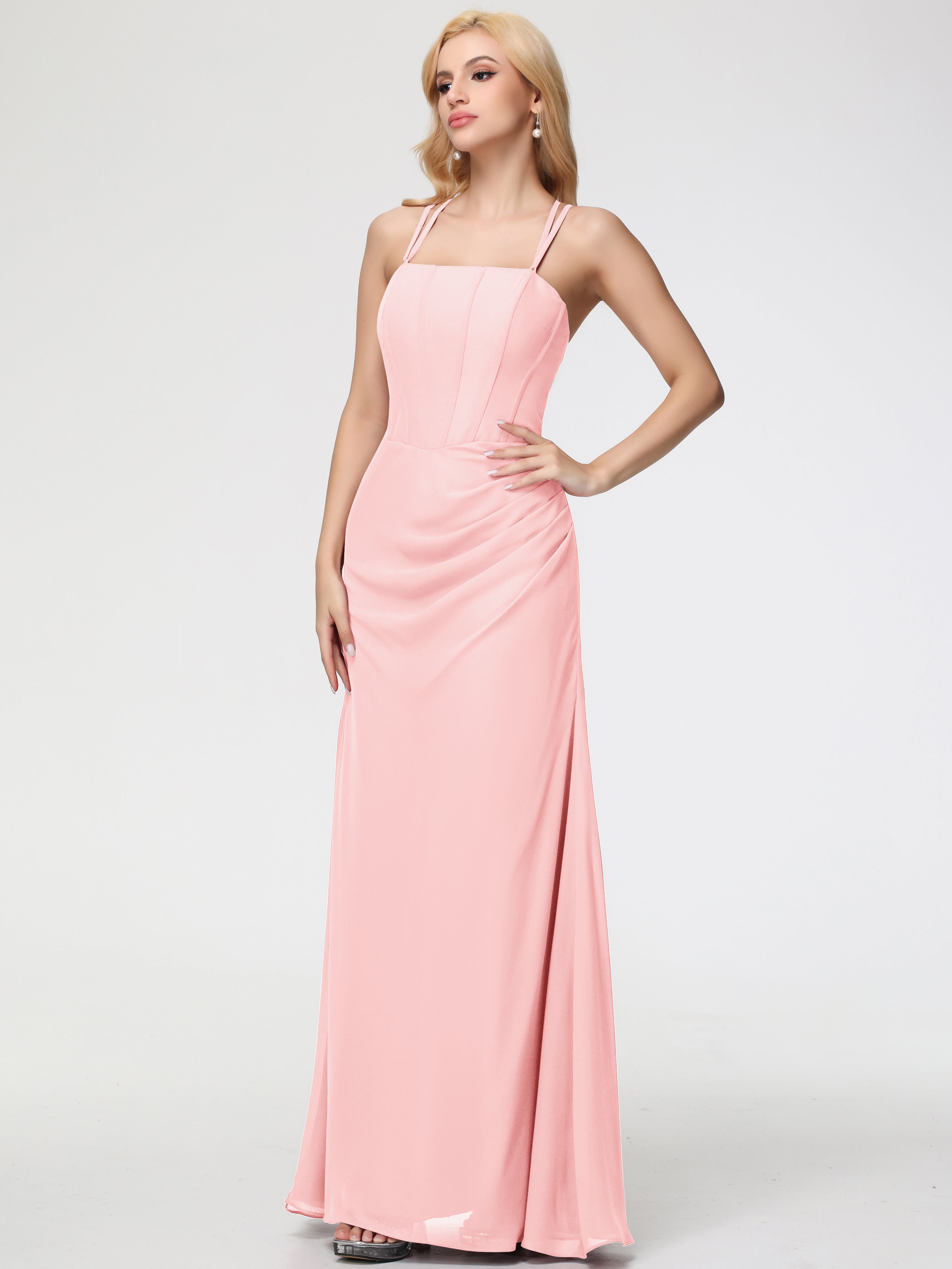Robe De Demoiselle D Honneur Rose Bretelles Spaghetti Fourreau Mousseline Robe Demoiselle D'Honneur
