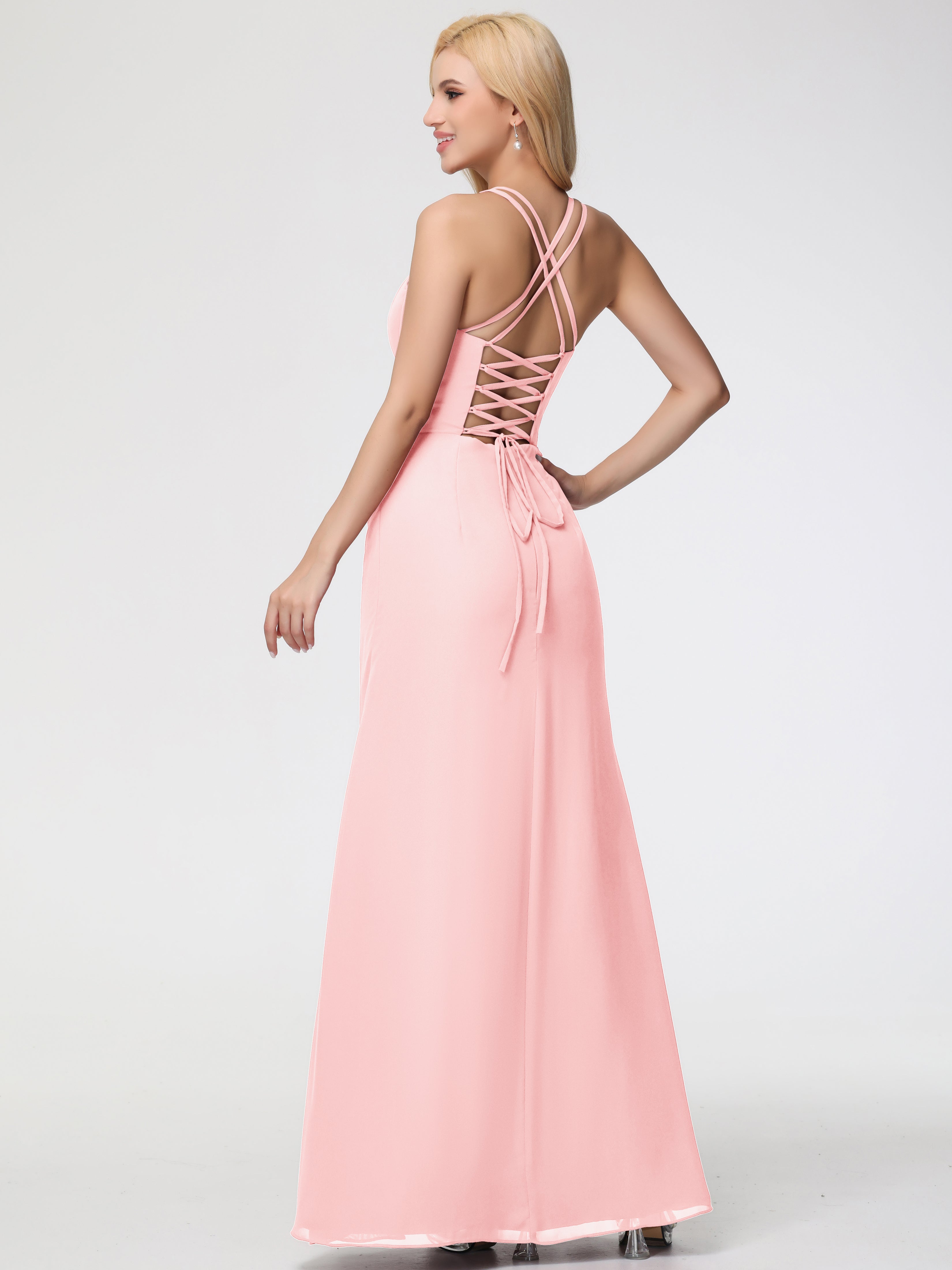 Robe De Demoiselle D Honneur Rose Bretelles Spaghetti Fourreau Mousseline Robe Demoiselle D'Honneur