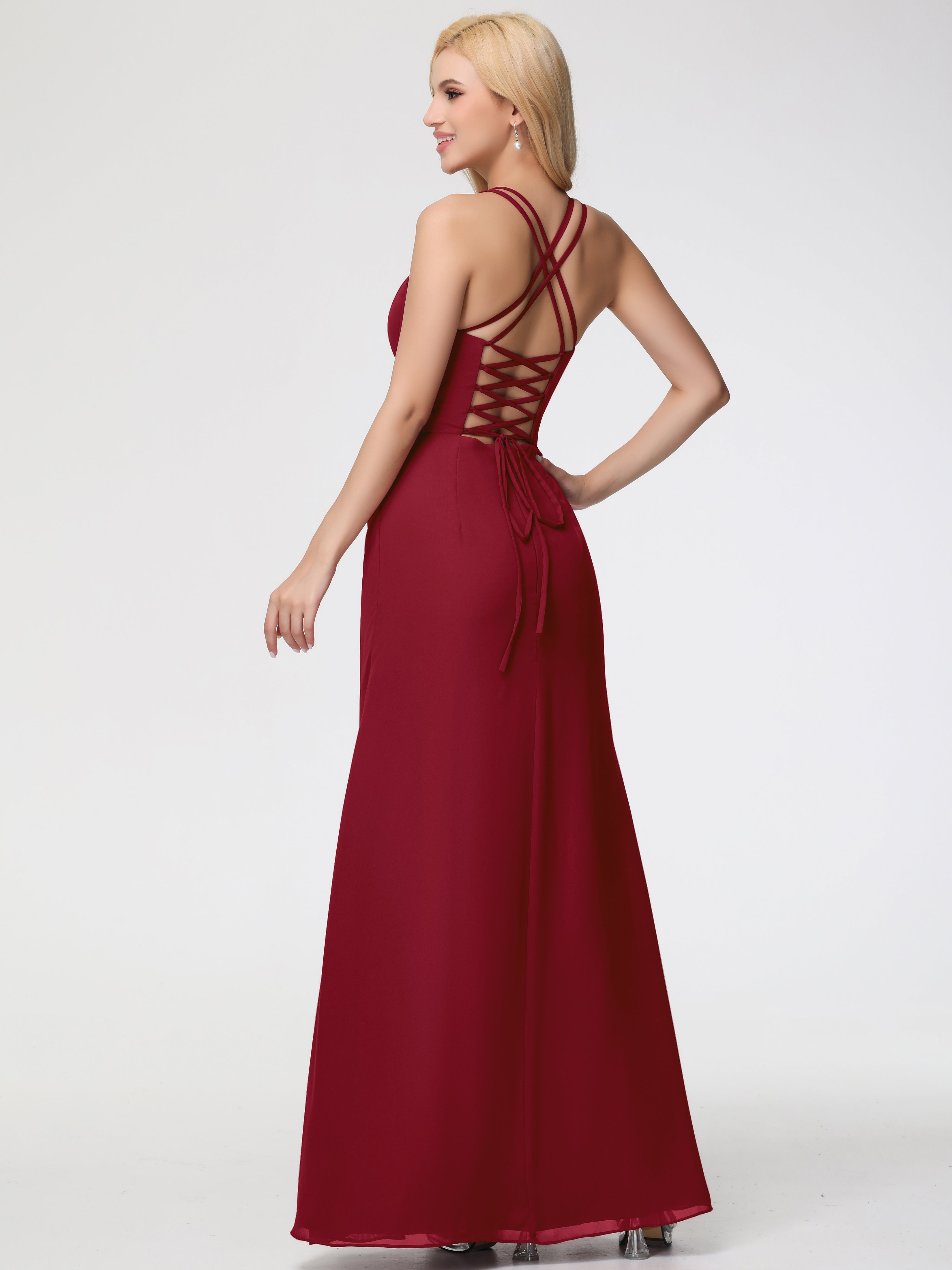 Robe Demoiselle D Honneur Bordeaux Bretelles Spaghetti Fourreau Mousseline Robe Demoiselle D'Honneur