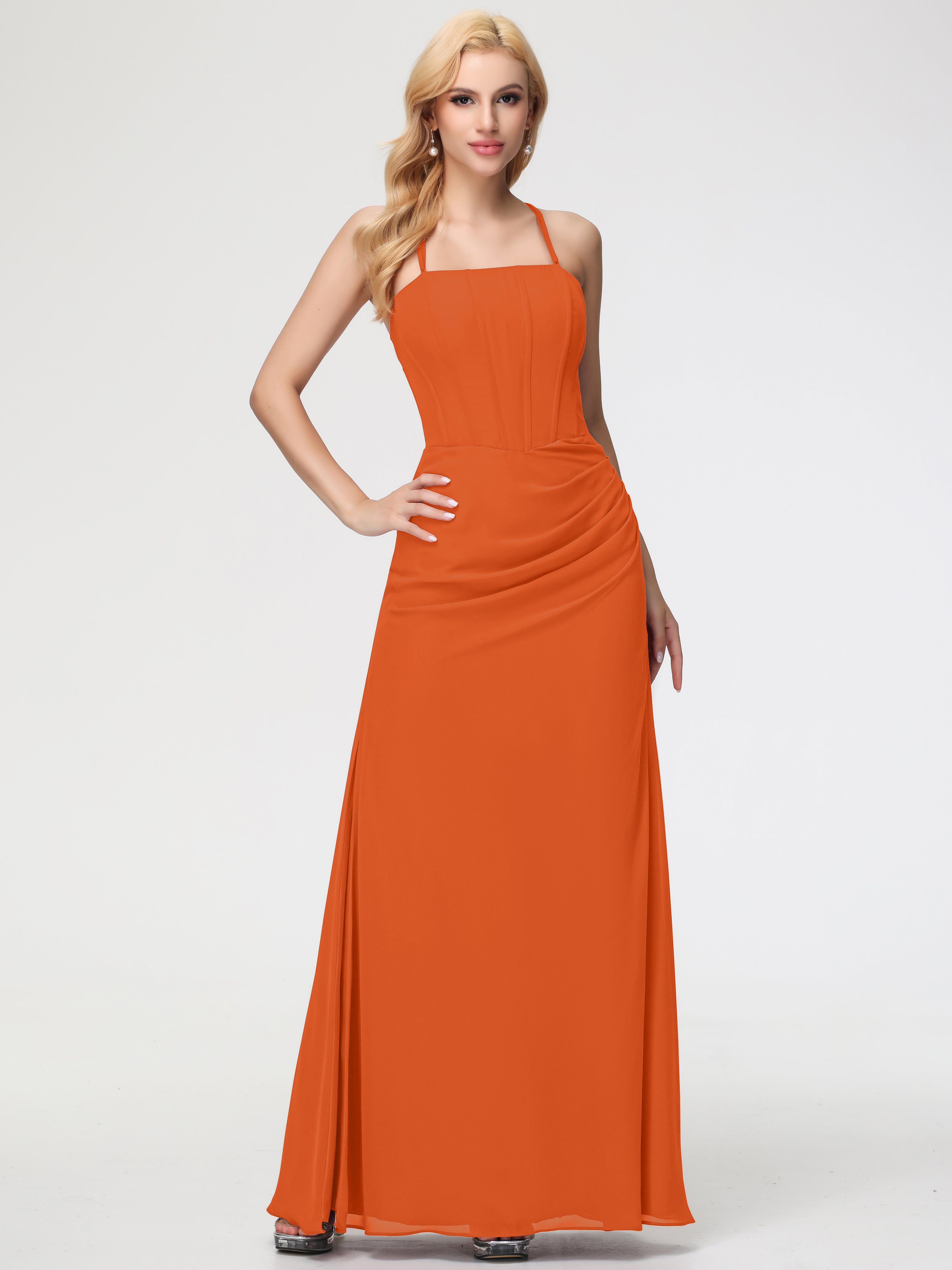 Robes De Demoiselle D'Honneur Orange Brûlé Bretelles Spaghetti Fourreau Mousseline Robe Demoiselle D'Honneur