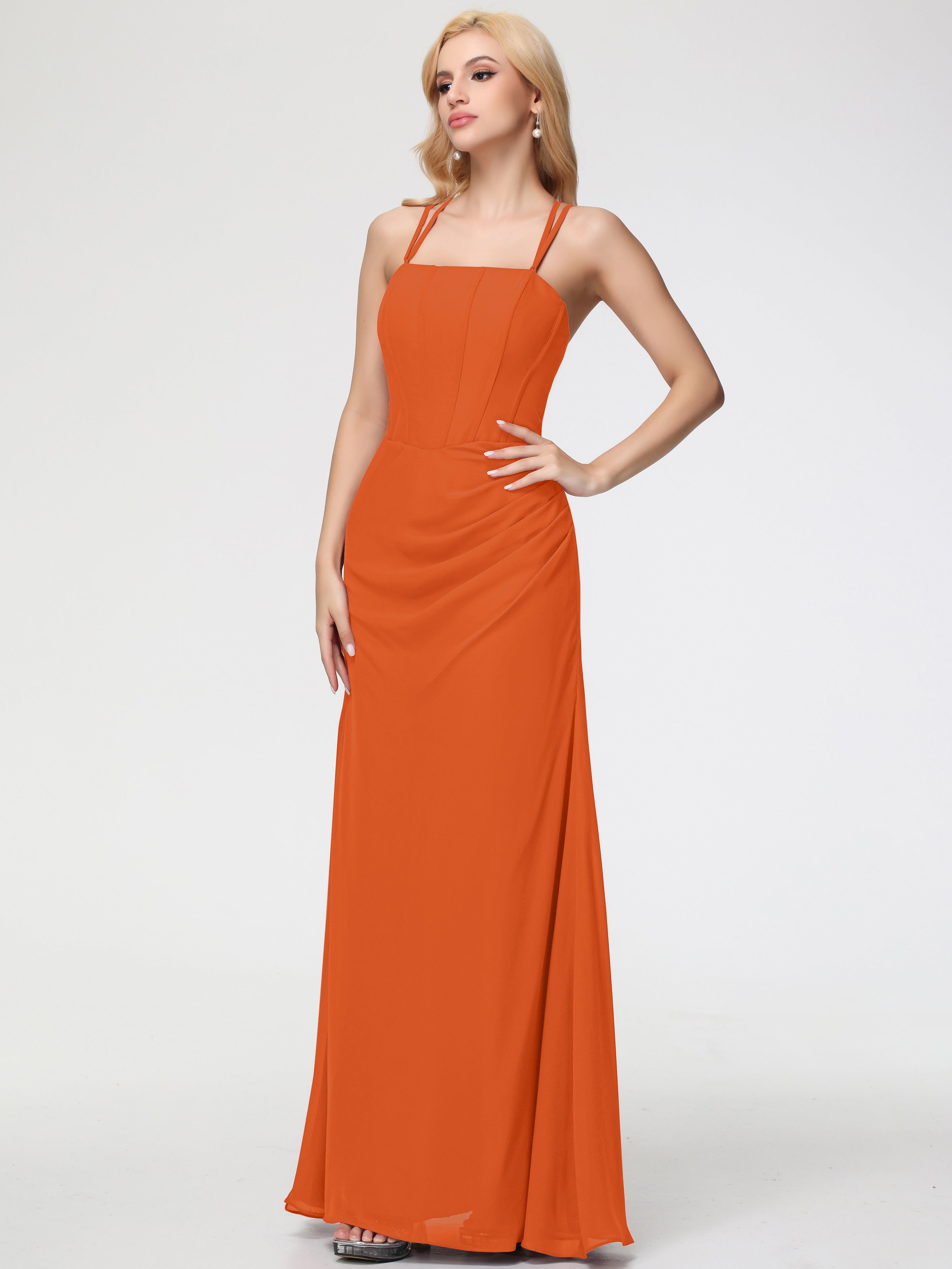 Robes De Demoiselle D'Honneur Orange Brûlé Bretelles Spaghetti Fourreau Mousseline Robe Demoiselle D'Honneur