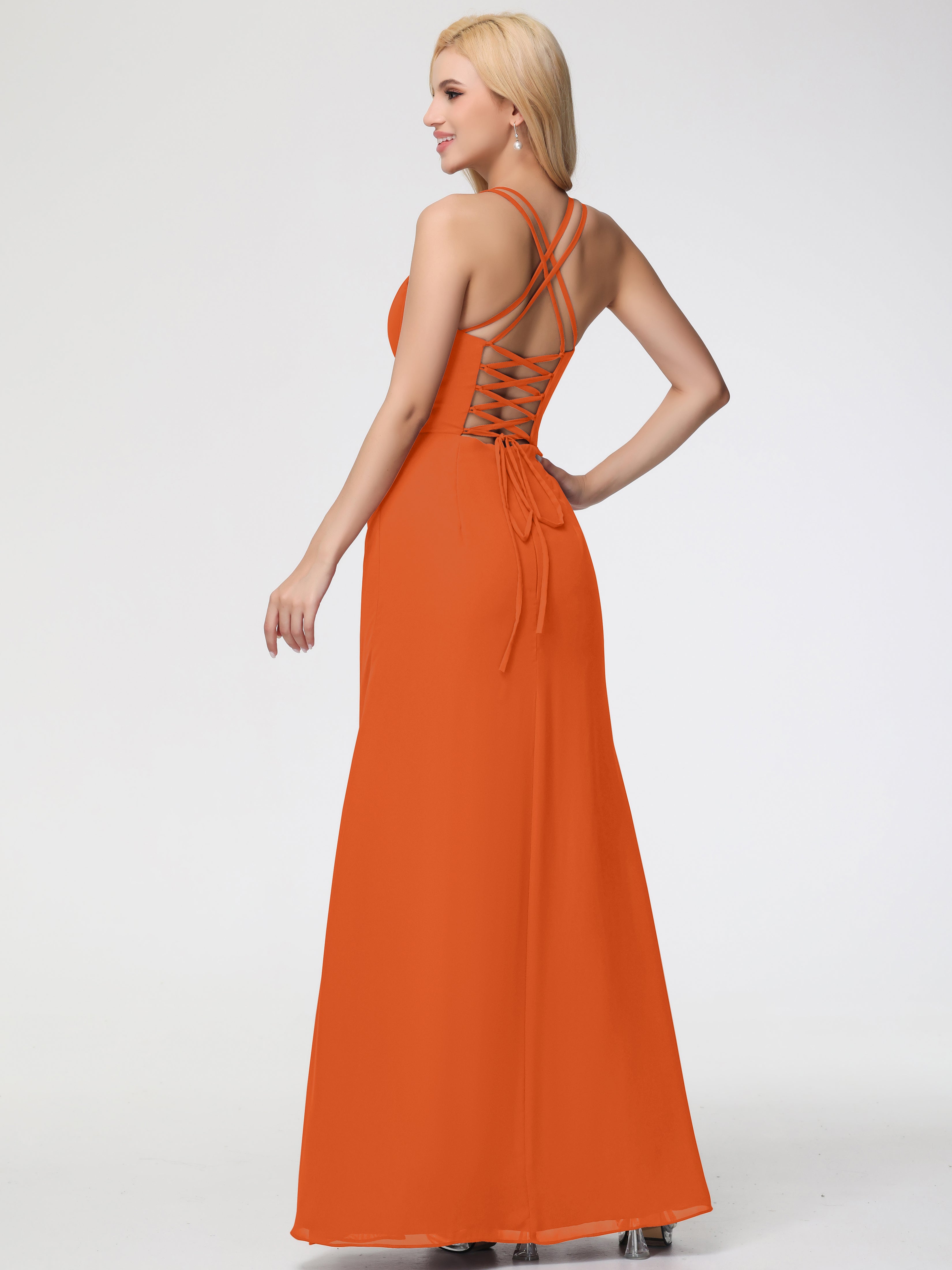 Robes De Demoiselle D'Honneur Orange Brûlé Bretelles Spaghetti Fourreau Mousseline Robe Demoiselle D'Honneur