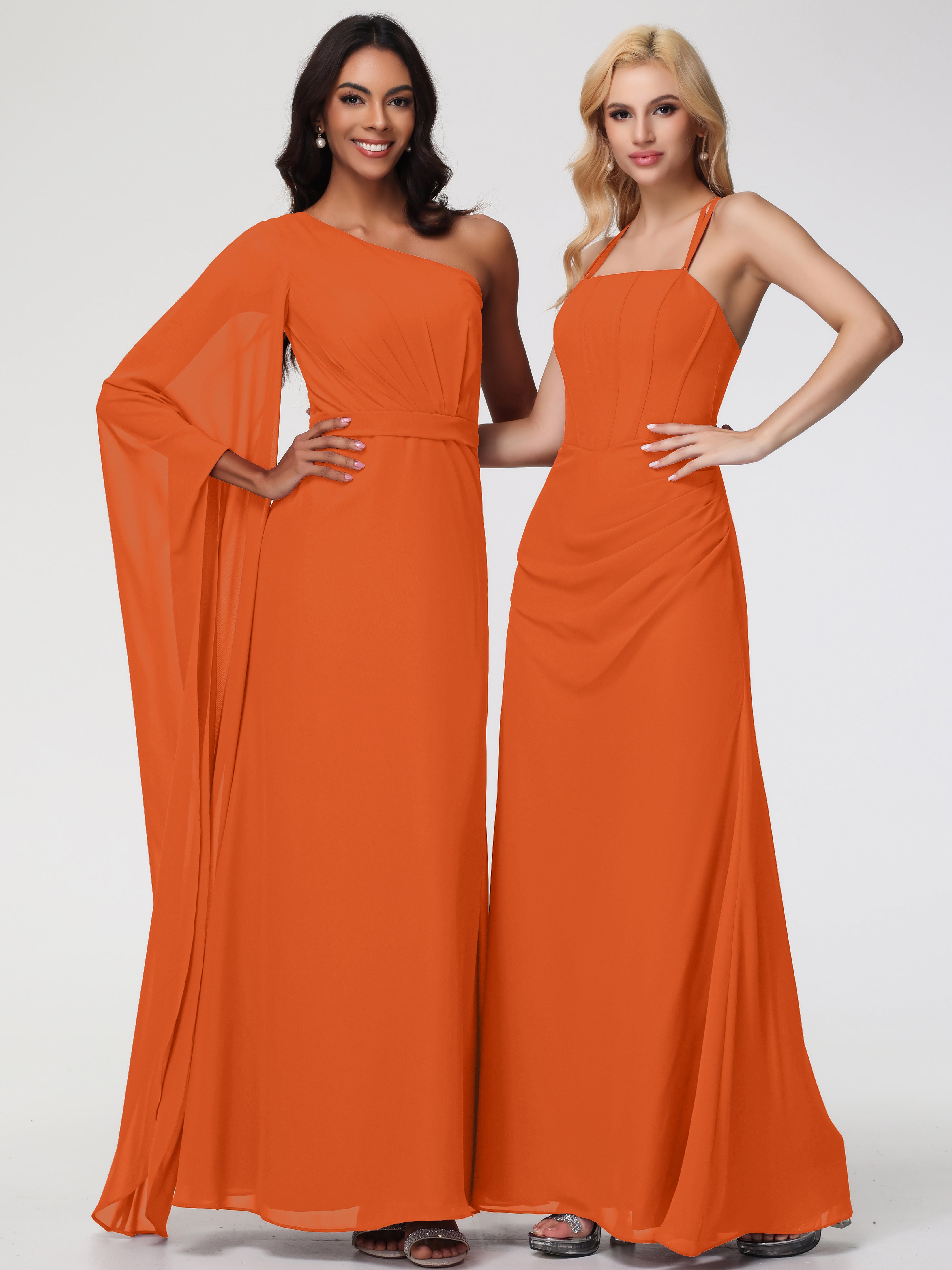 Robes De Demoiselle D'Honneur Orange Brûlé Bretelles Spaghetti Fourreau Mousseline Robe Demoiselle D'Honneur