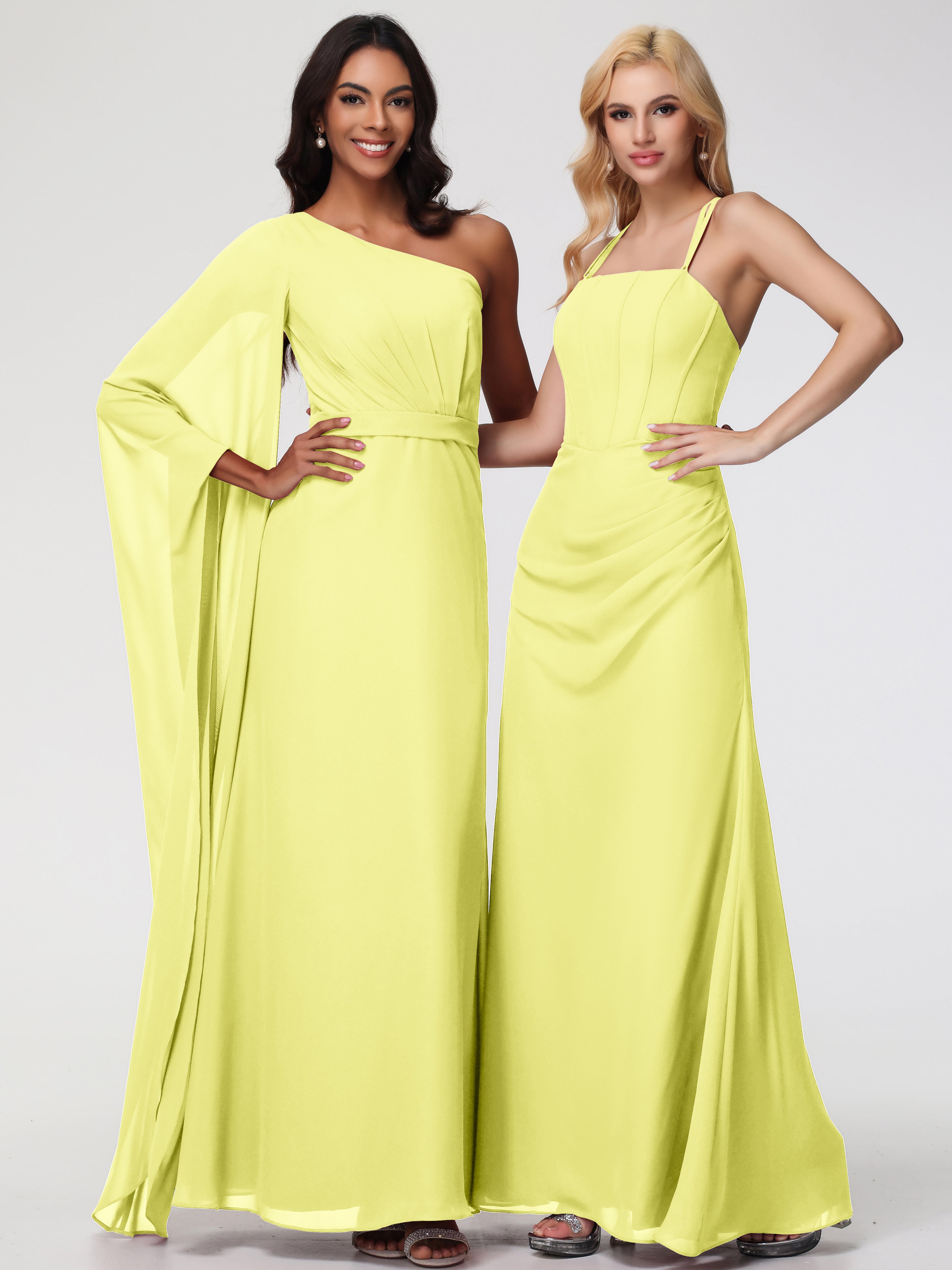 Robes De Demoiselle D'Honneur Jonquille Bretelles Spaghetti Fourreau Mousseline Robe Demoiselle D'Honneur