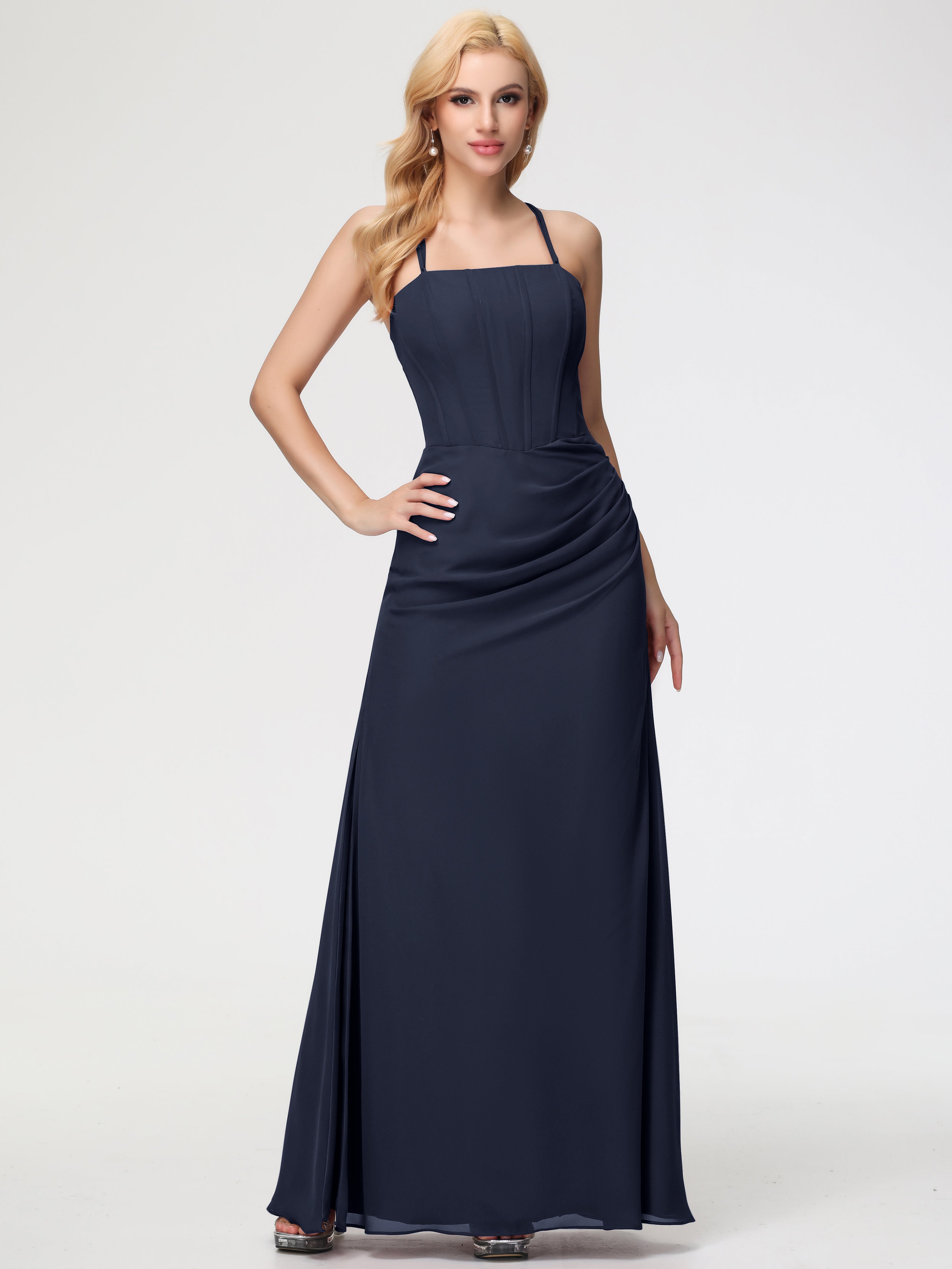 Robe Bleu Marine Demoiselle D Honneur Bretelles Spaghetti Fourreau Mousseline Robe Demoiselle D'Honneur