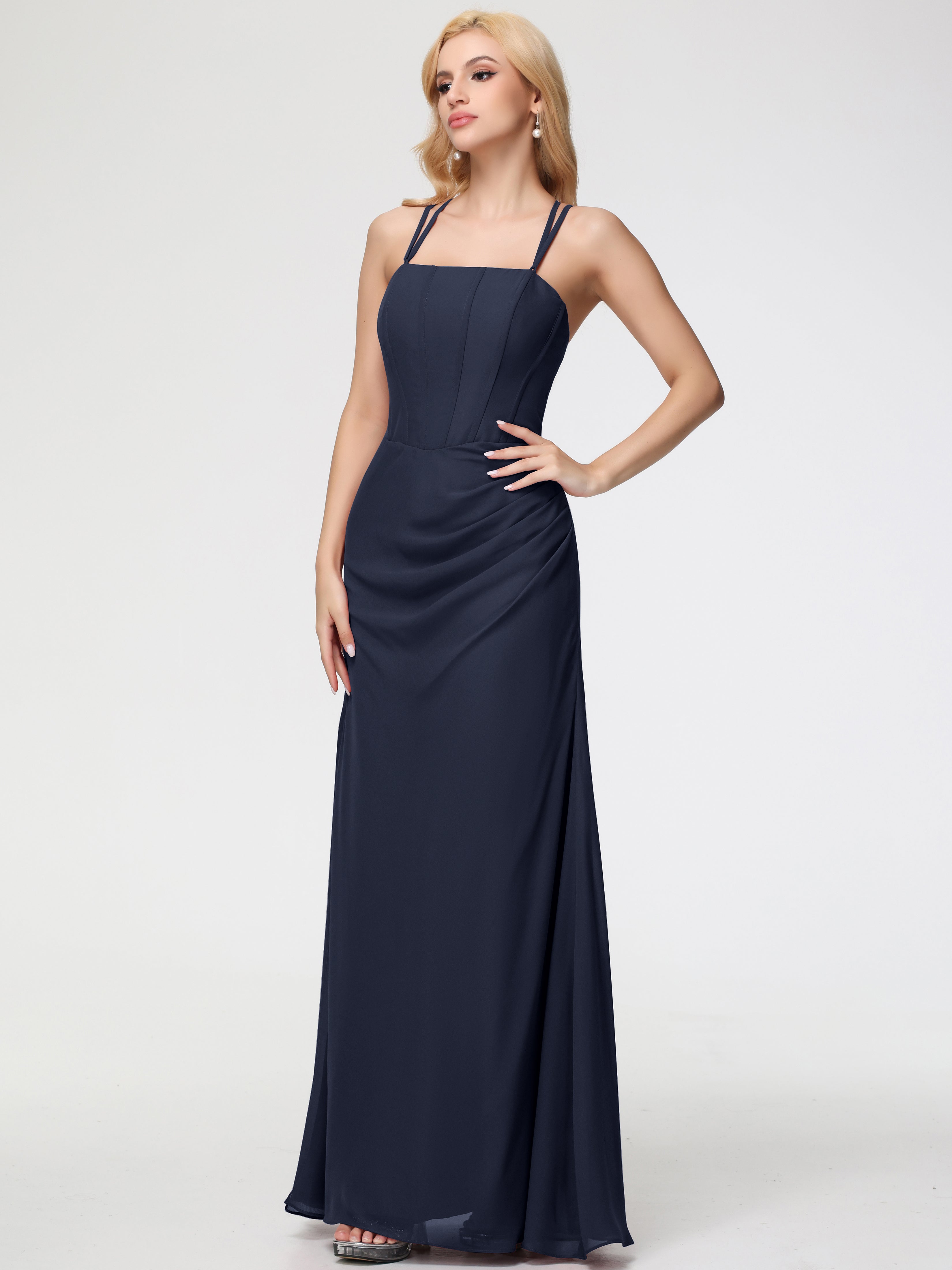 Robe Bleu Marine Demoiselle D Honneur Bretelles Spaghetti Fourreau Mousseline Robe Demoiselle D'Honneur