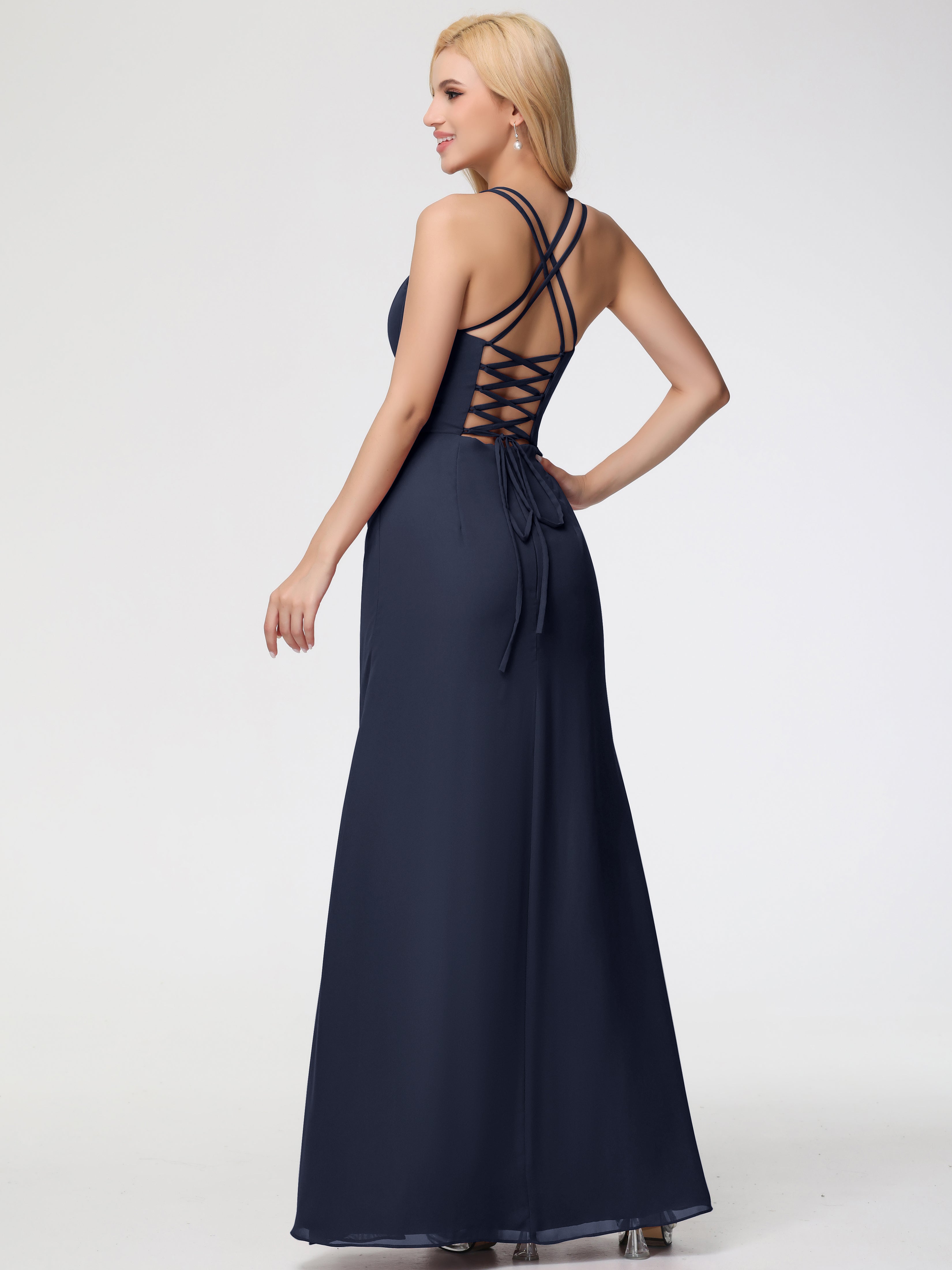 Robe Bleu Marine Demoiselle D Honneur Bretelles Spaghetti Fourreau Mousseline Robe Demoiselle D'Honneur