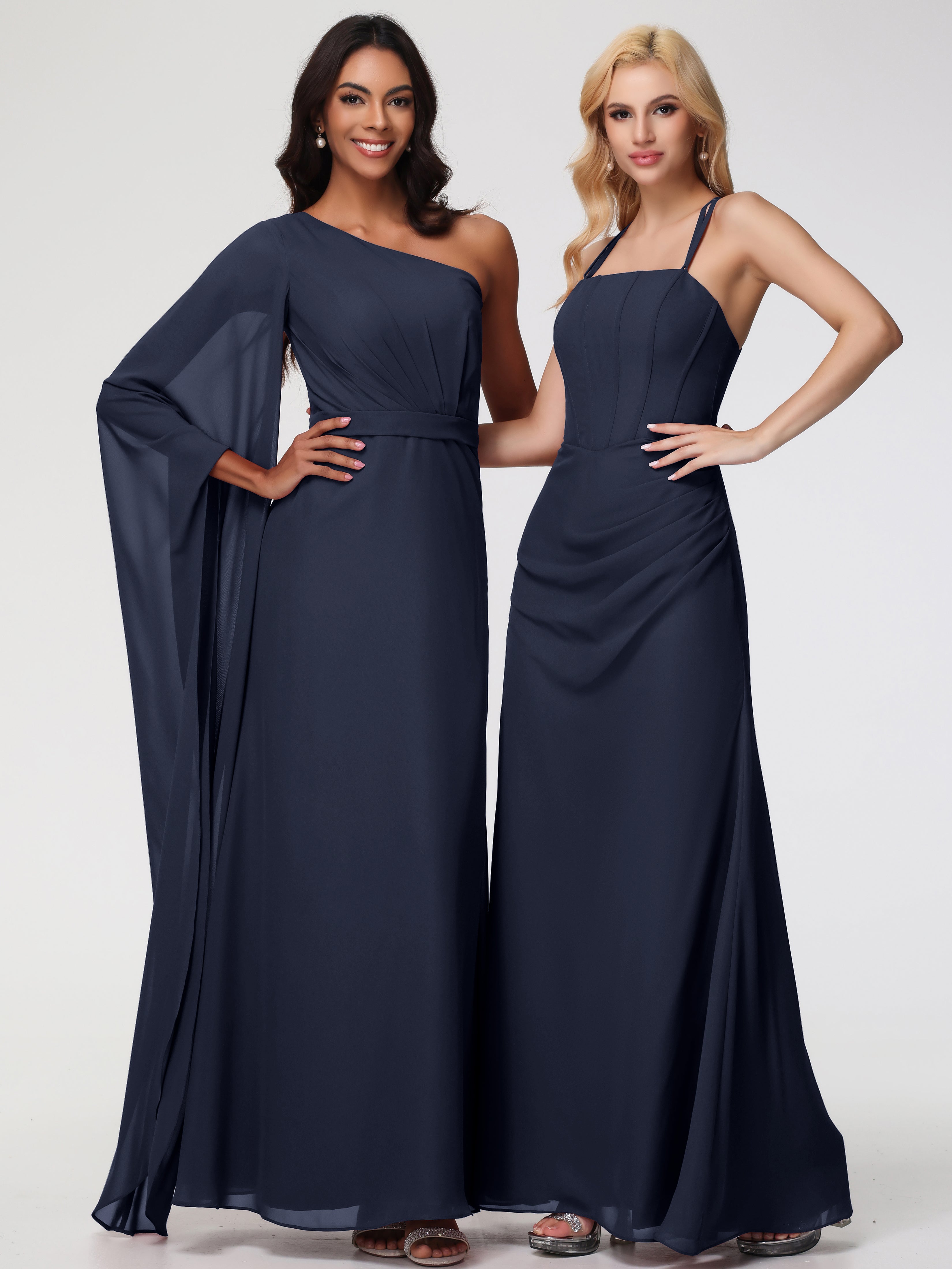 Robe Bleu Marine Demoiselle D Honneur Bretelles Spaghetti Fourreau Mousseline Robe Demoiselle D'Honneur