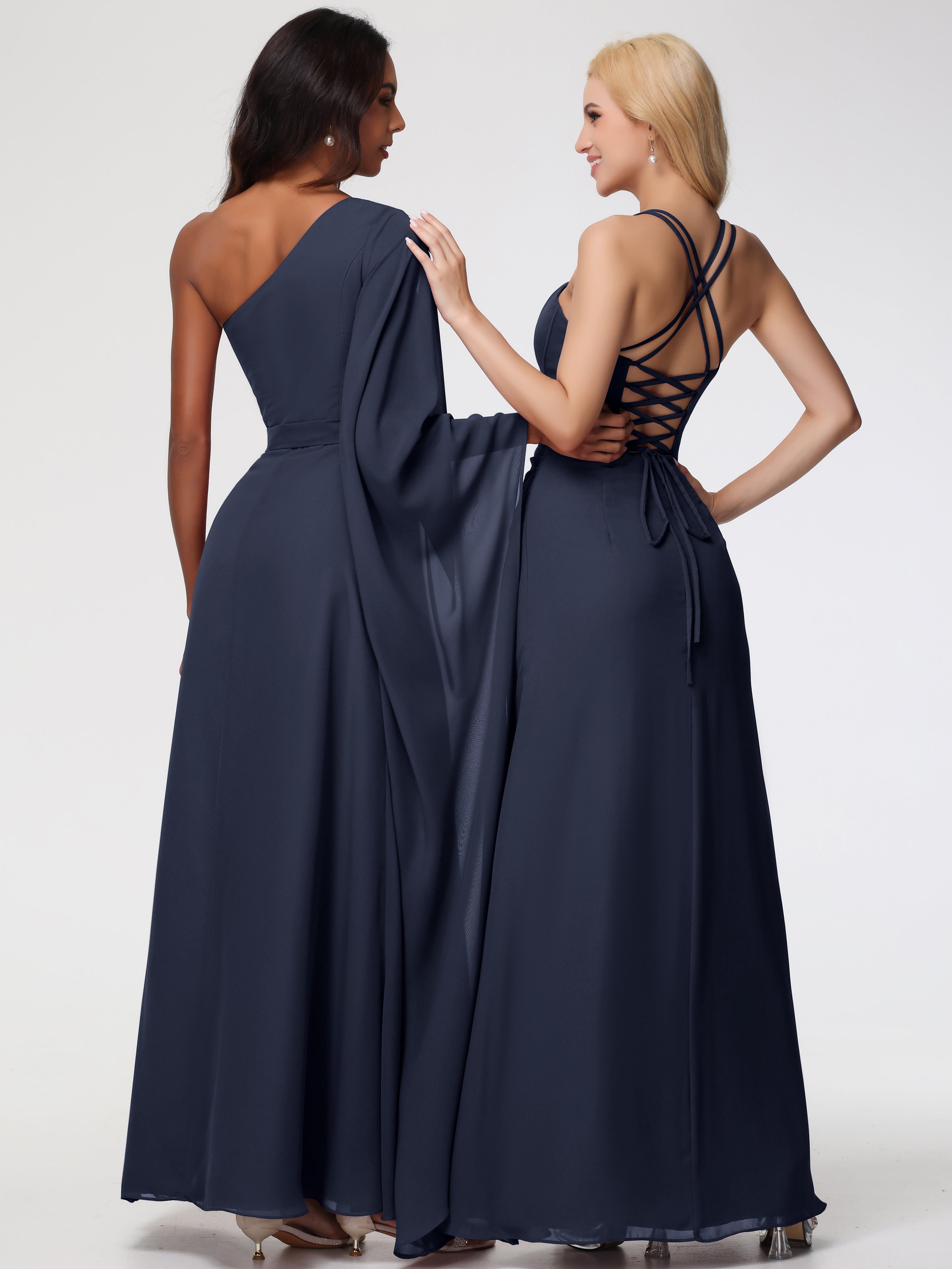 Robe Bleu Marine Demoiselle D Honneur Bretelles Spaghetti Fourreau Mousseline Robe Demoiselle D'Honneur