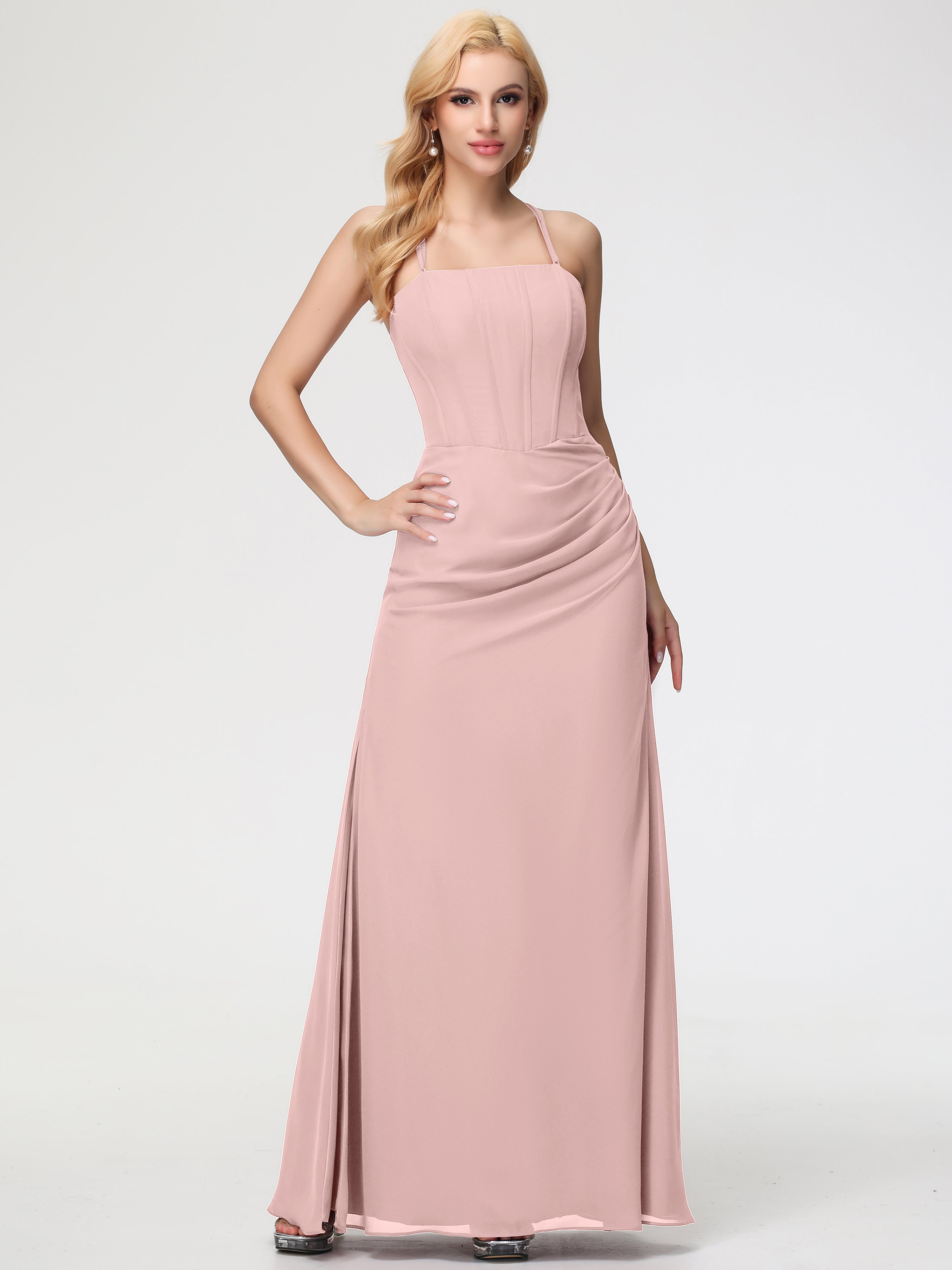 Robe Rose Poudré Demoiselle D Honneur Bretelles Spaghetti Fourreau Mousseline Robe Demoiselle D'Honneur