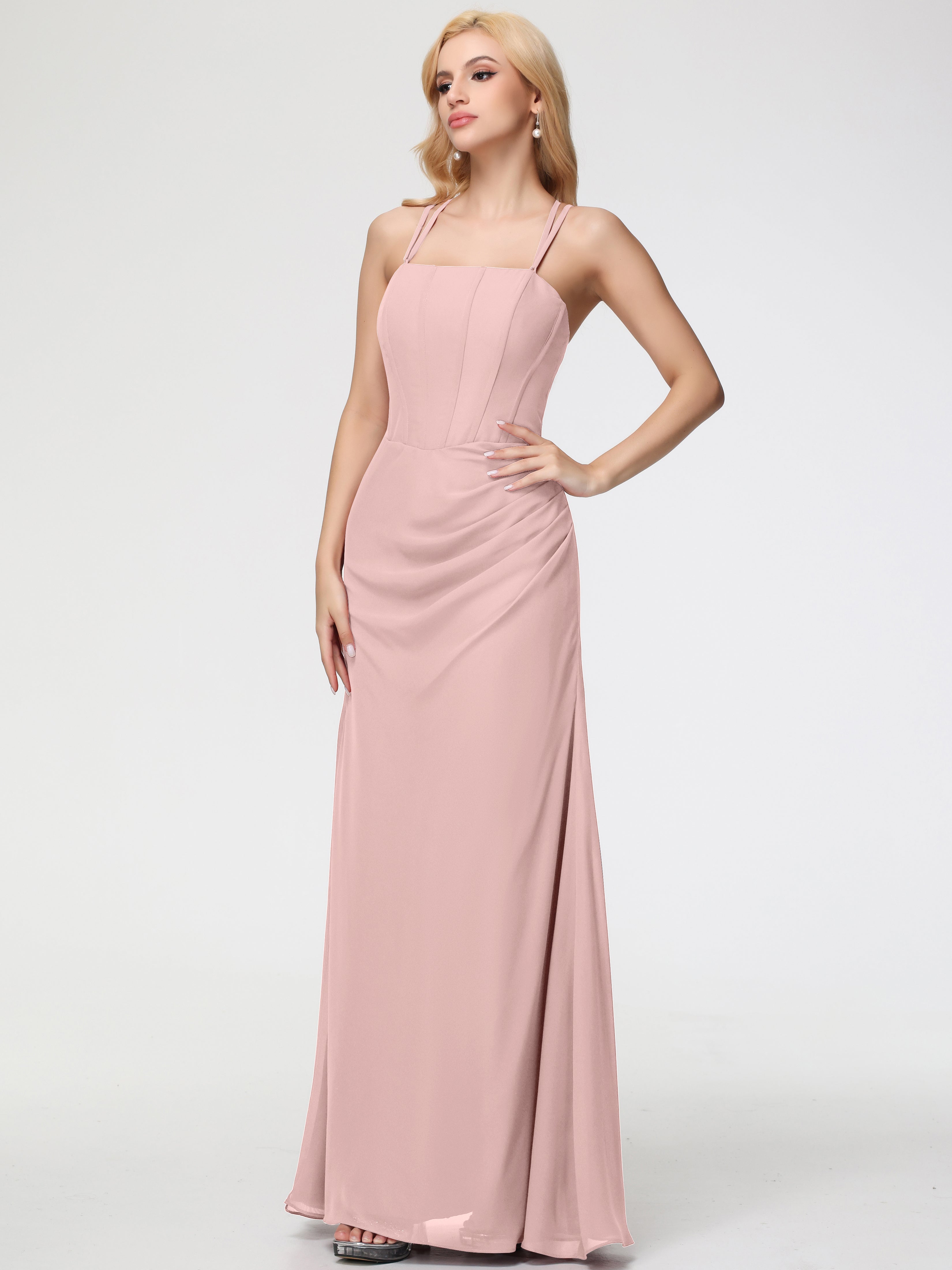 Robe Rose Poudré Demoiselle D Honneur Bretelles Spaghetti Fourreau Mousseline Robe Demoiselle D'Honneur