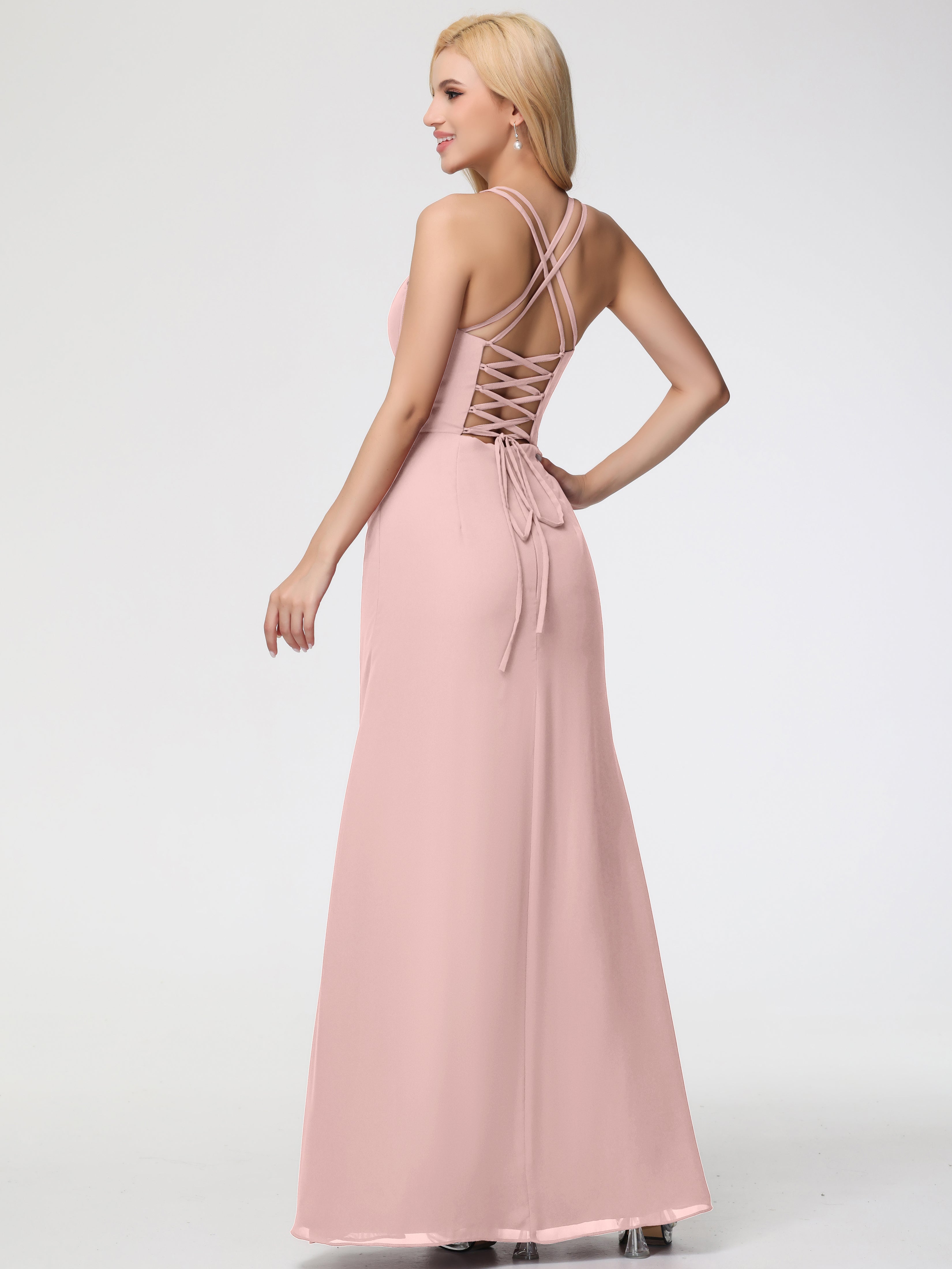 Robe Rose Poudré Demoiselle D Honneur Bretelles Spaghetti Fourreau Mousseline Robe Demoiselle D'Honneur