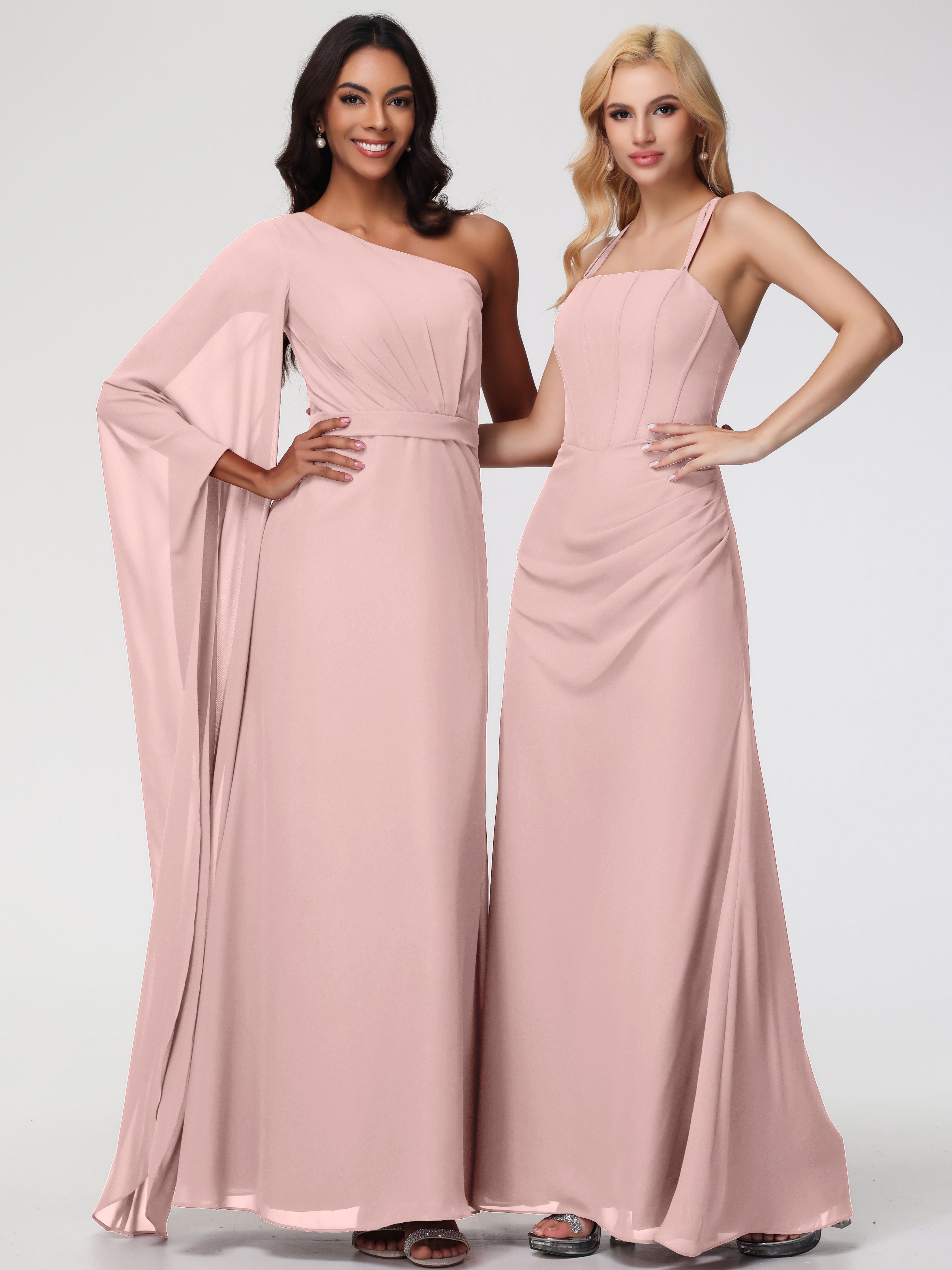 Robe Rose Poudré Demoiselle D Honneur Bretelles Spaghetti Fourreau Mousseline Robe Demoiselle D'Honneur