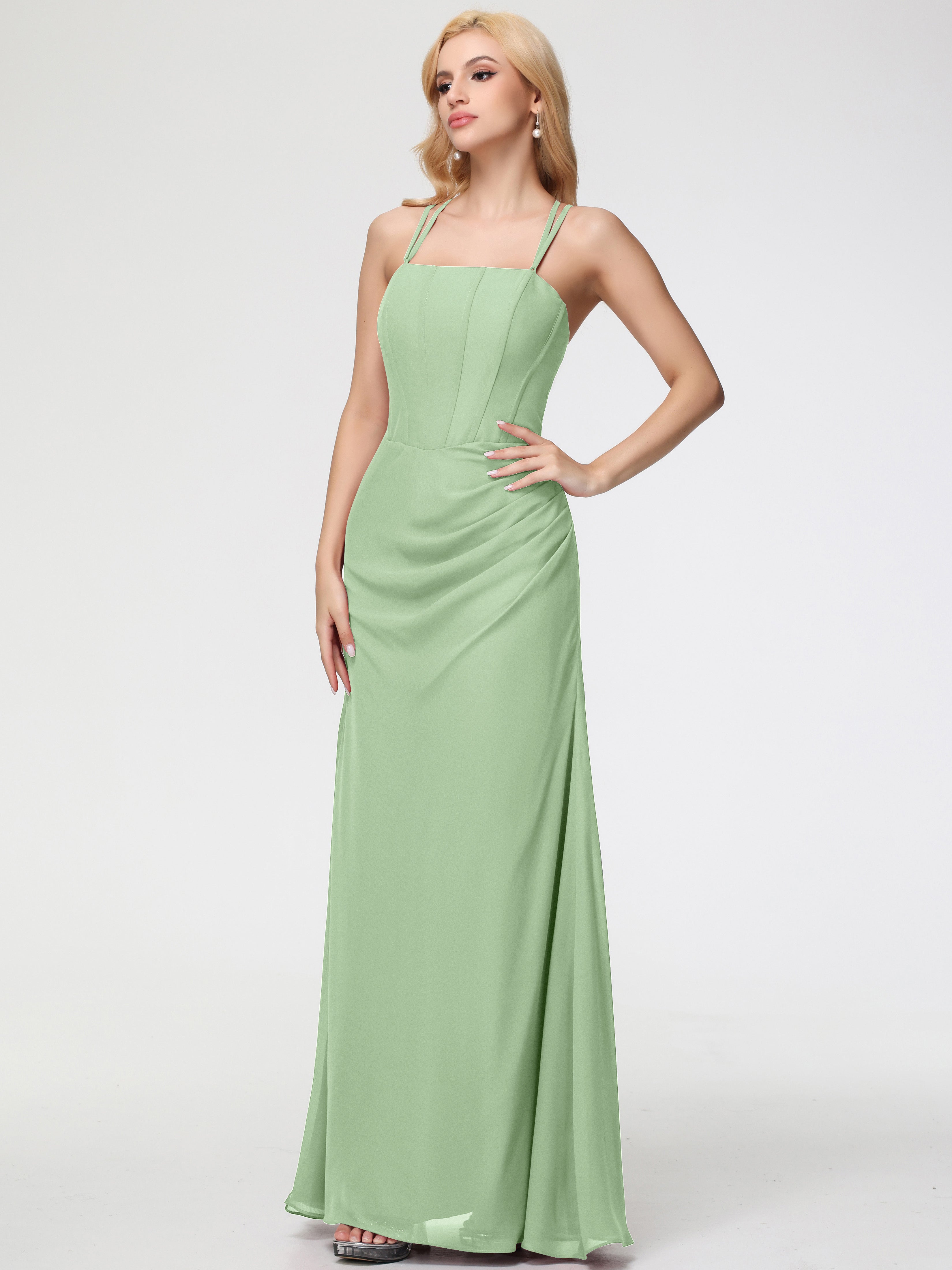 Robes De Demoiselle D'Honneur Vert Sauge Poussiéreux Bretelles Spaghetti Fourreau Mousseline Robe Demoiselle D'Honneur