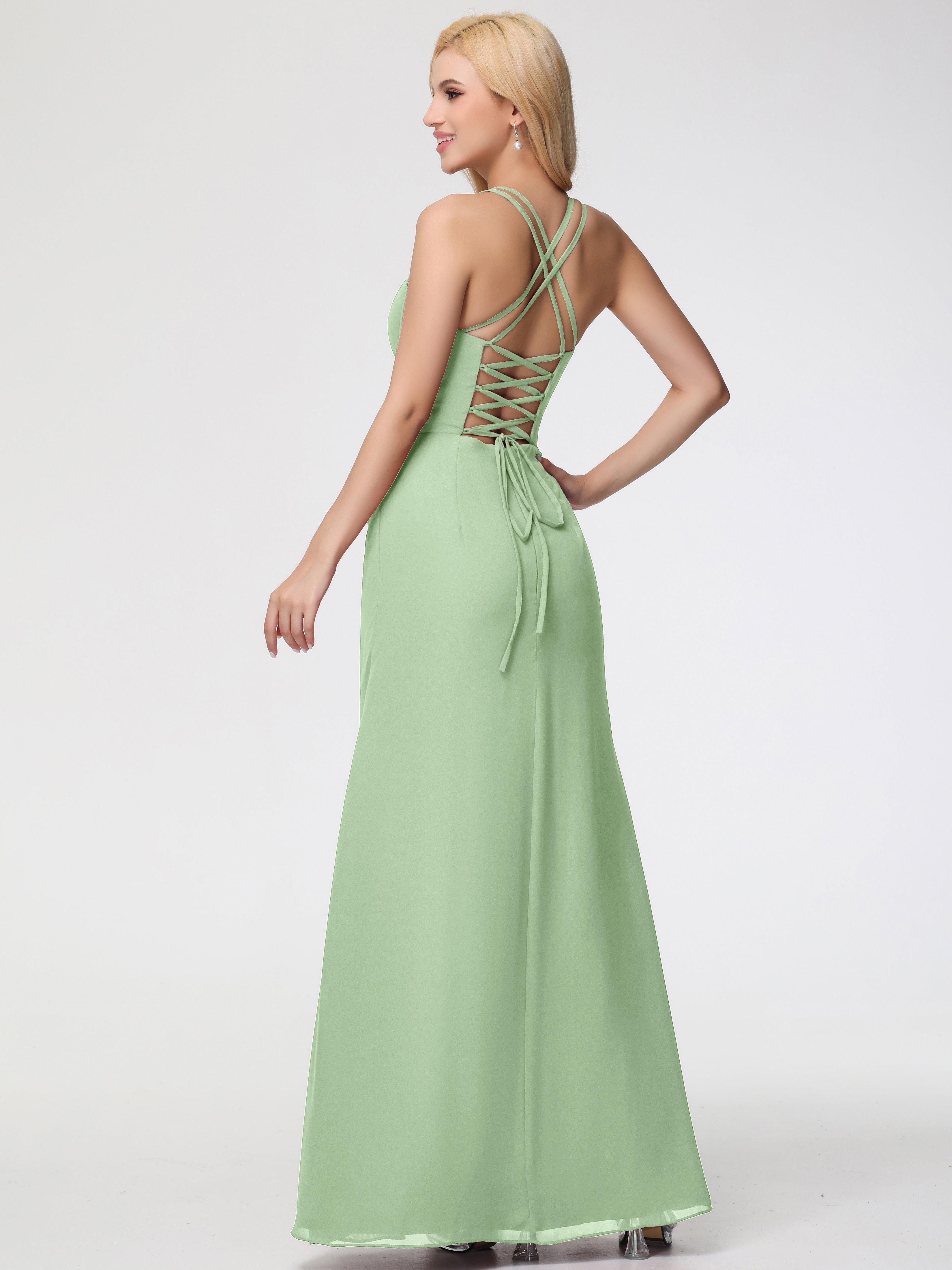 Robes De Demoiselle D'Honneur Vert Sauge Poussiéreux Bretelles Spaghetti Fourreau Mousseline Robe Demoiselle D'Honneur