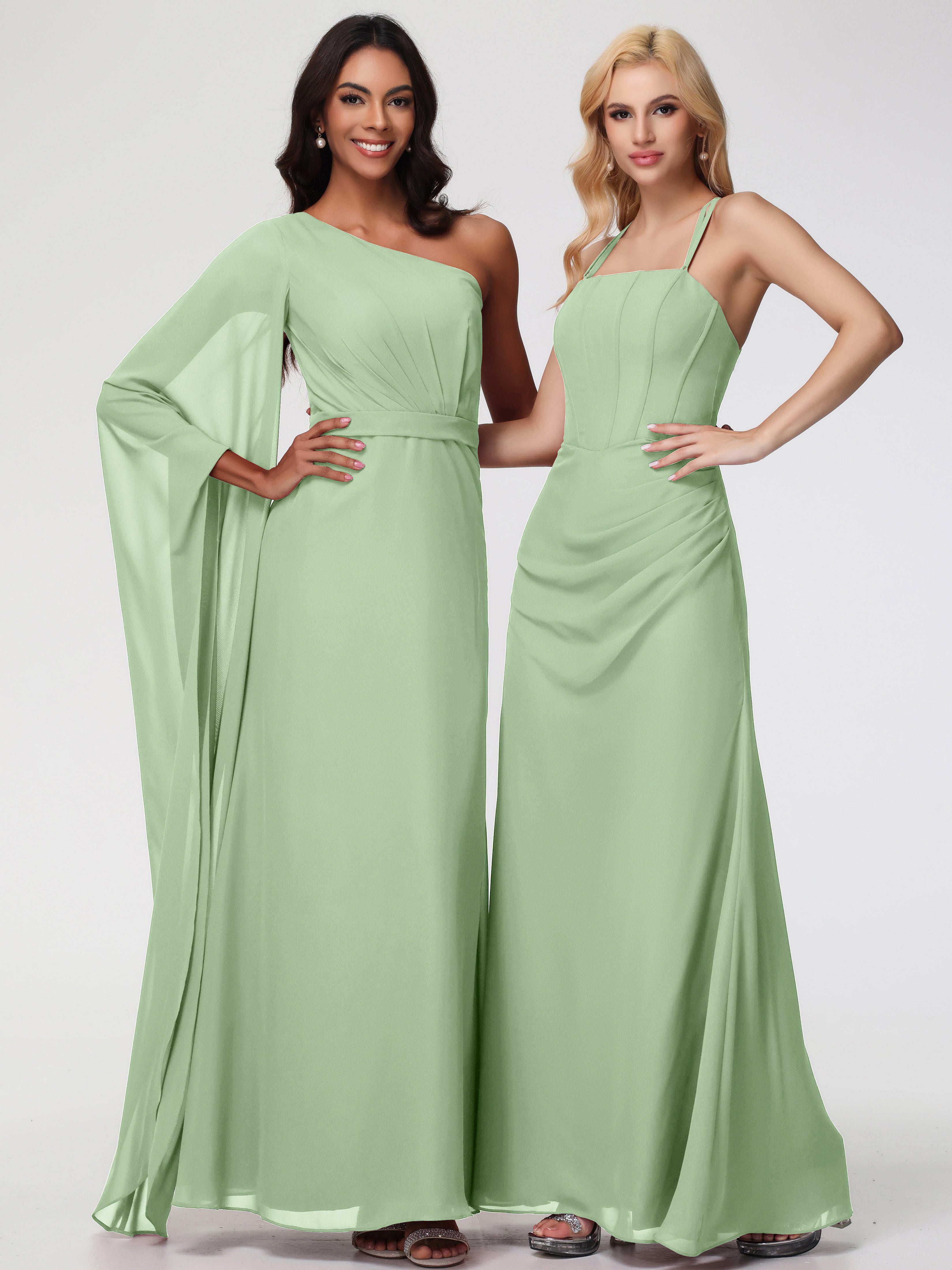 Robes De Demoiselle D'Honneur Vert Sauge Poussiéreux Bretelles Spaghetti Fourreau Mousseline Robe Demoiselle D'Honneur