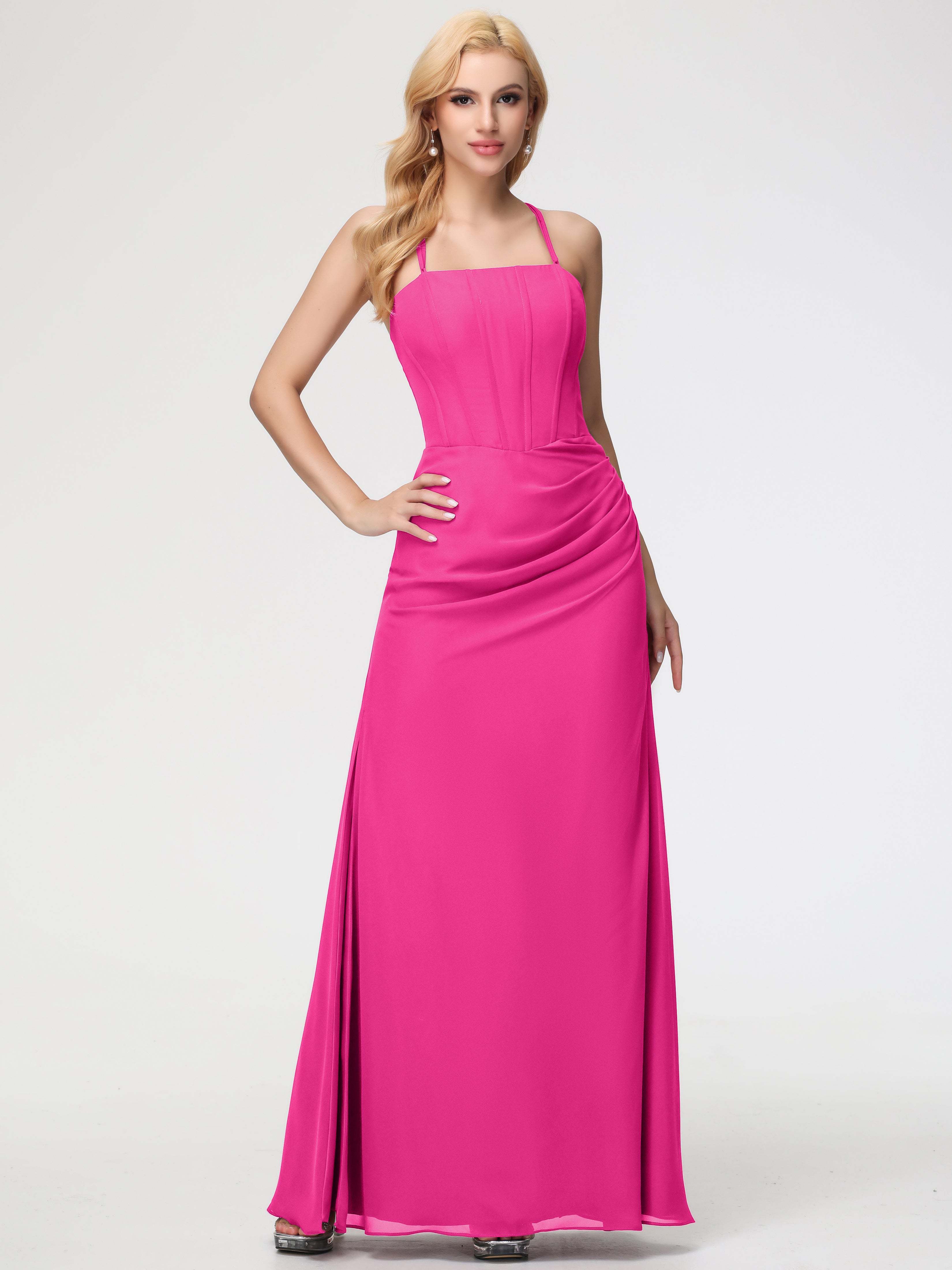 Robe Fuchsia Demoiselle D Honneur Bretelles Spaghetti Fourreau Mousseline Robe Demoiselle D'Honneur