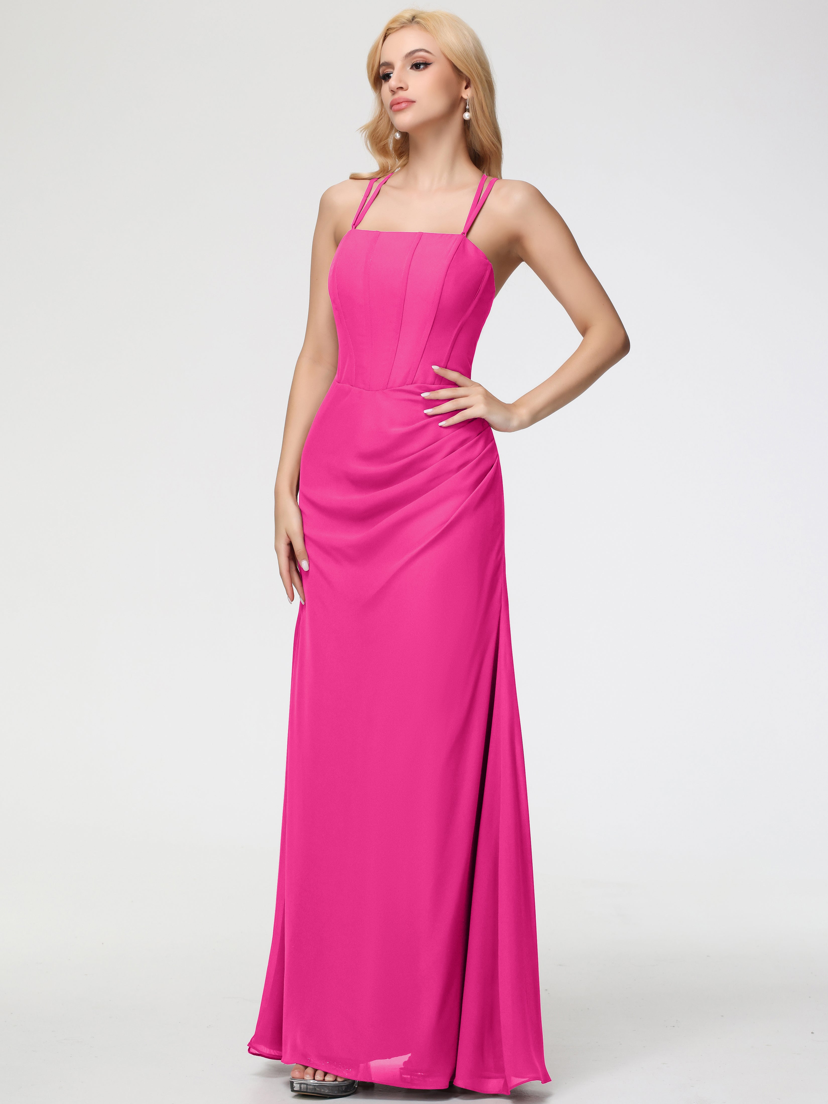 Robe Fuchsia Demoiselle D Honneur Bretelles Spaghetti Fourreau Mousseline Robe Demoiselle D'Honneur