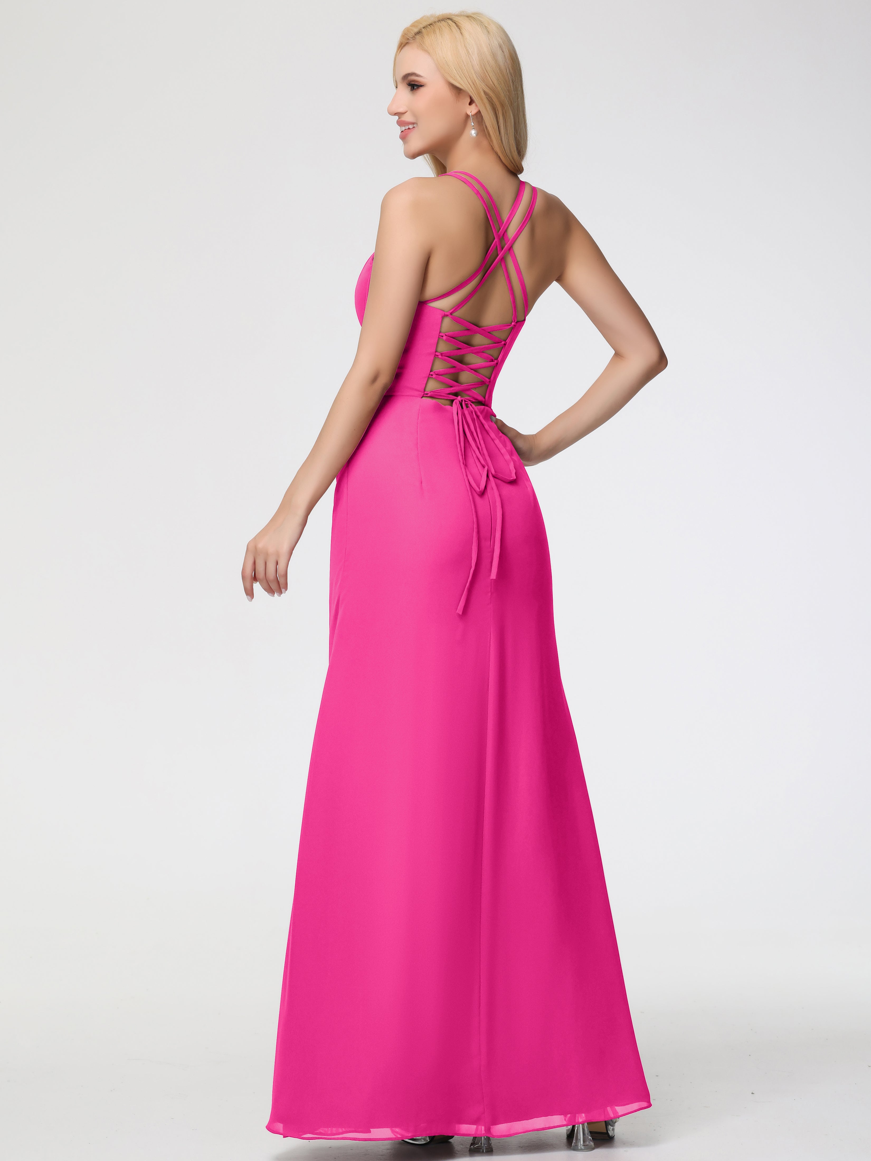 Robe Fuchsia Demoiselle D Honneur Bretelles Spaghetti Fourreau Mousseline Robe Demoiselle D'Honneur