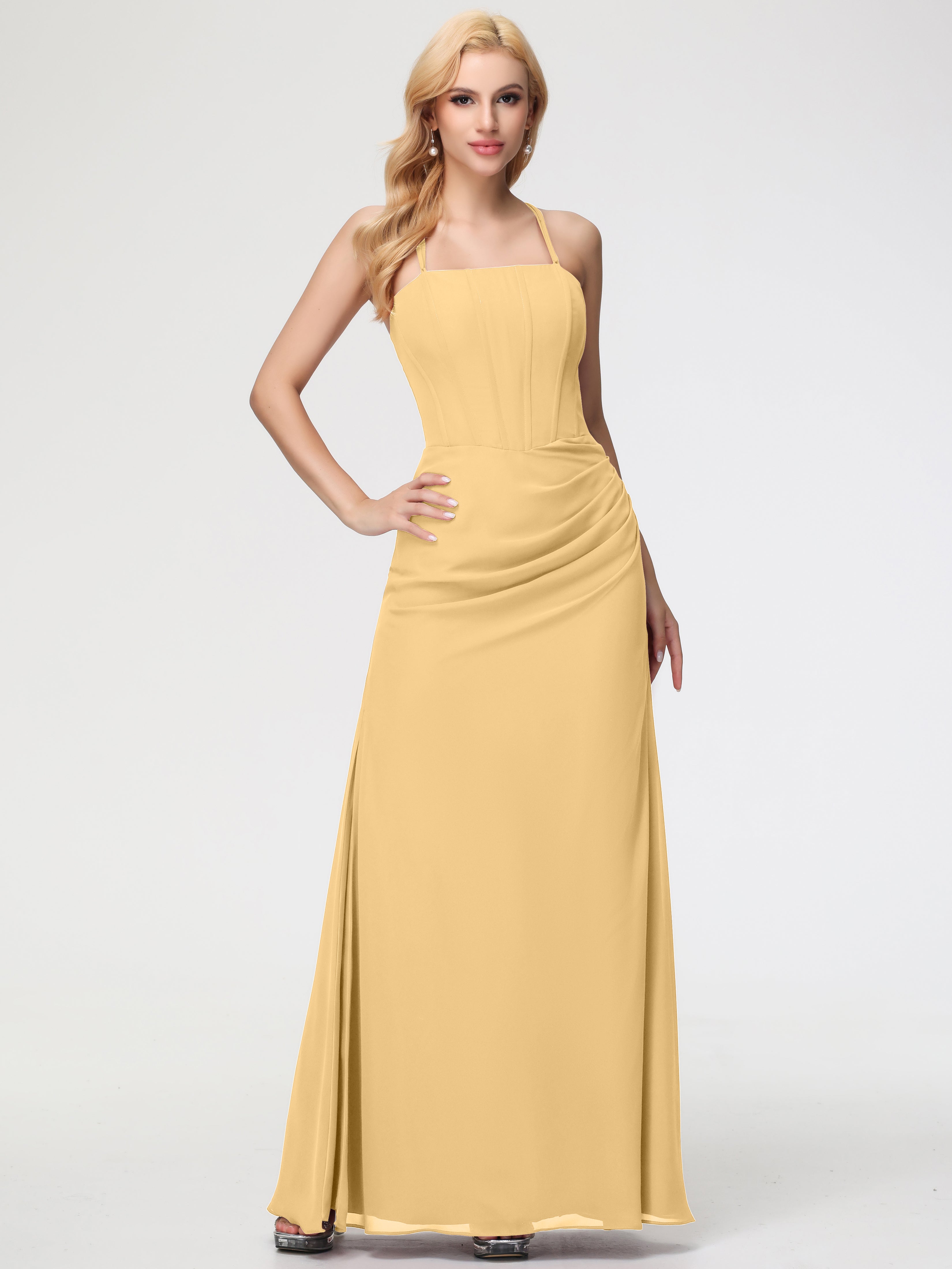 Robe Demoiselle D Honneur Doré Bretelles Spaghetti Fourreau Mousseline Robe Demoiselle D'Honneur