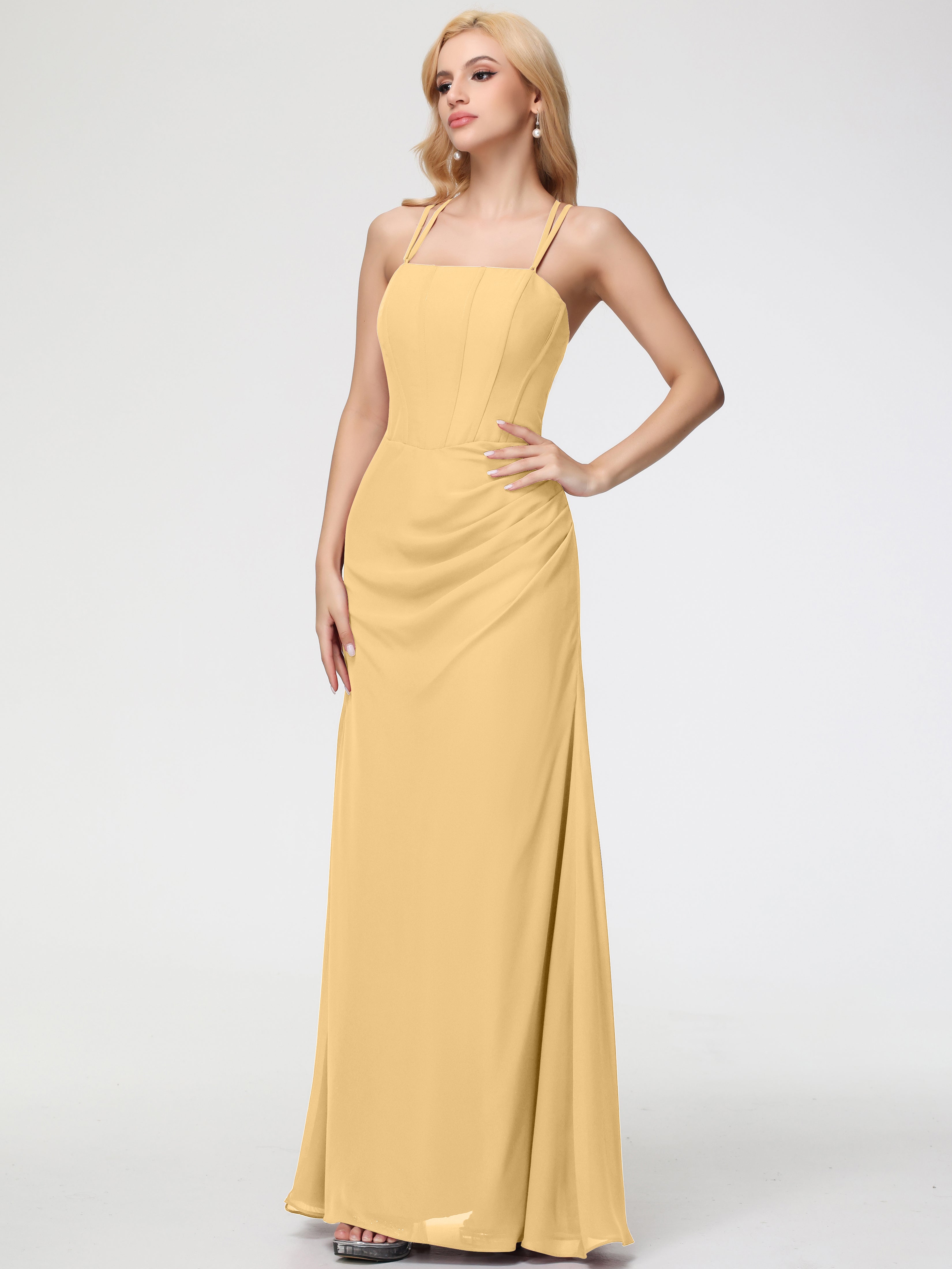 Robe Demoiselle D Honneur Doré Bretelles Spaghetti Fourreau Mousseline Robe Demoiselle D'Honneur