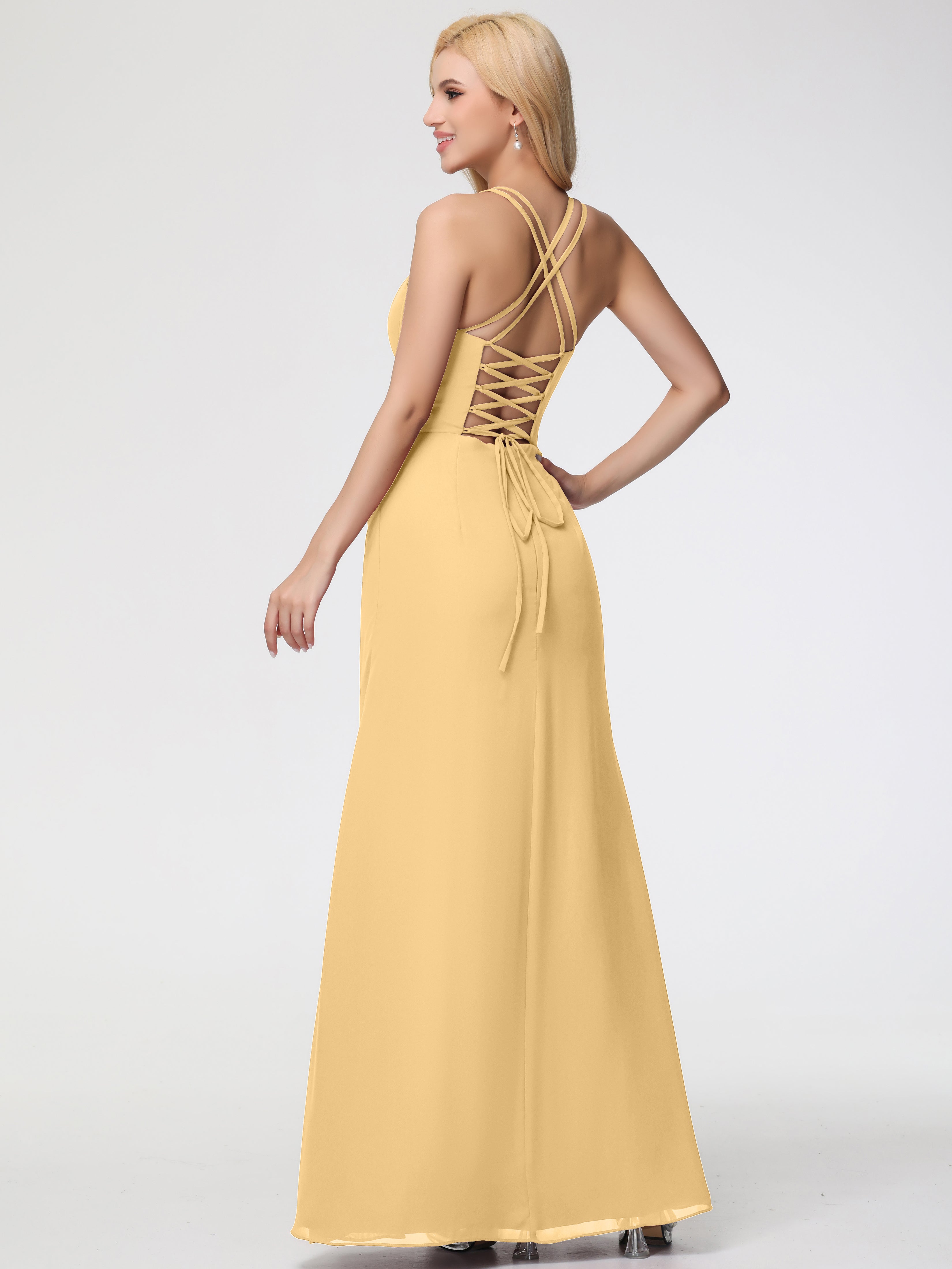 Robe Demoiselle D Honneur Doré Bretelles Spaghetti Fourreau Mousseline Robe Demoiselle D'Honneur