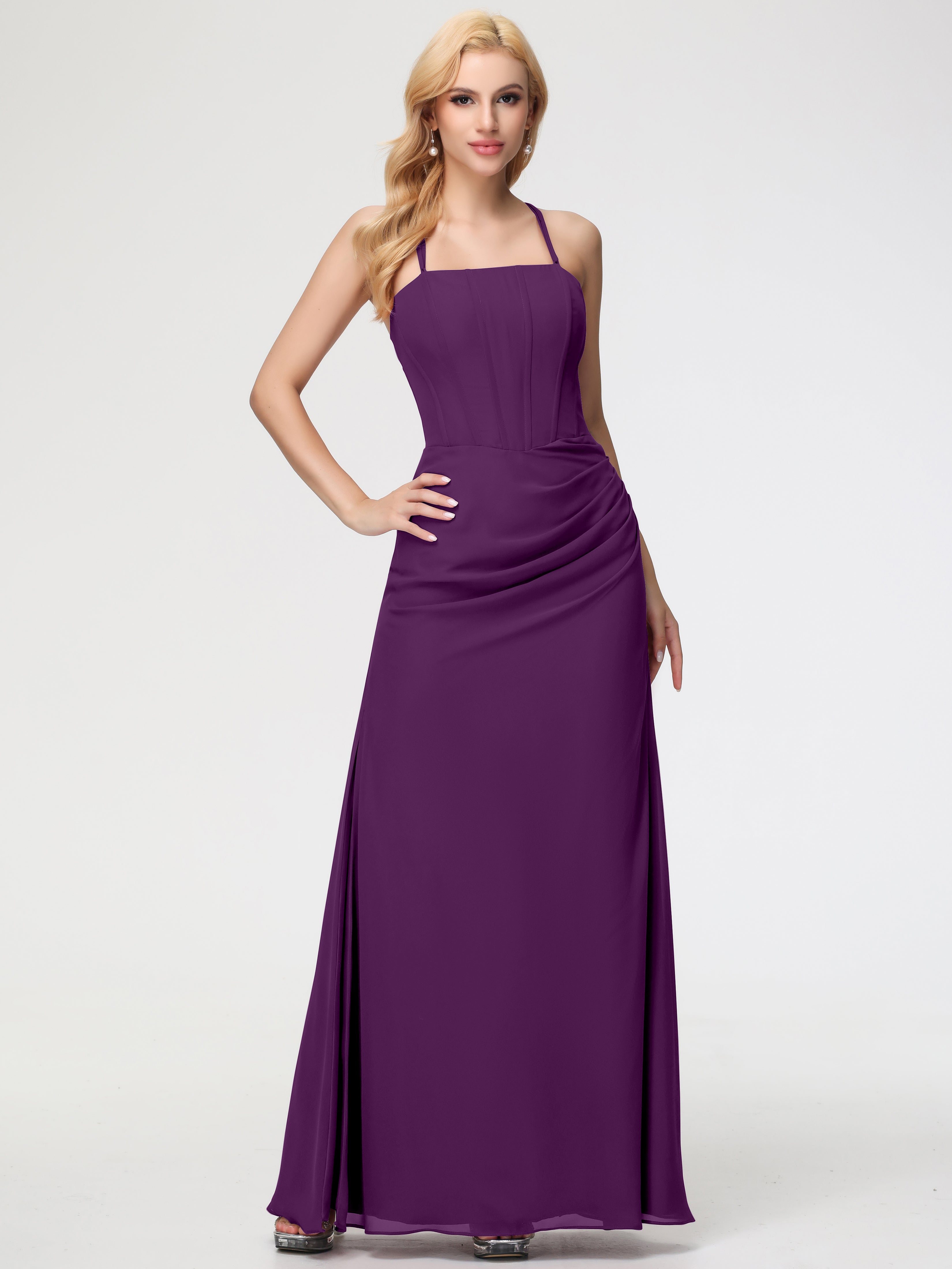 Robes De Demoiselle D'Honneur En Raisin Bretelles Spaghetti Fourreau Mousseline Robe Demoiselle D'Honneur