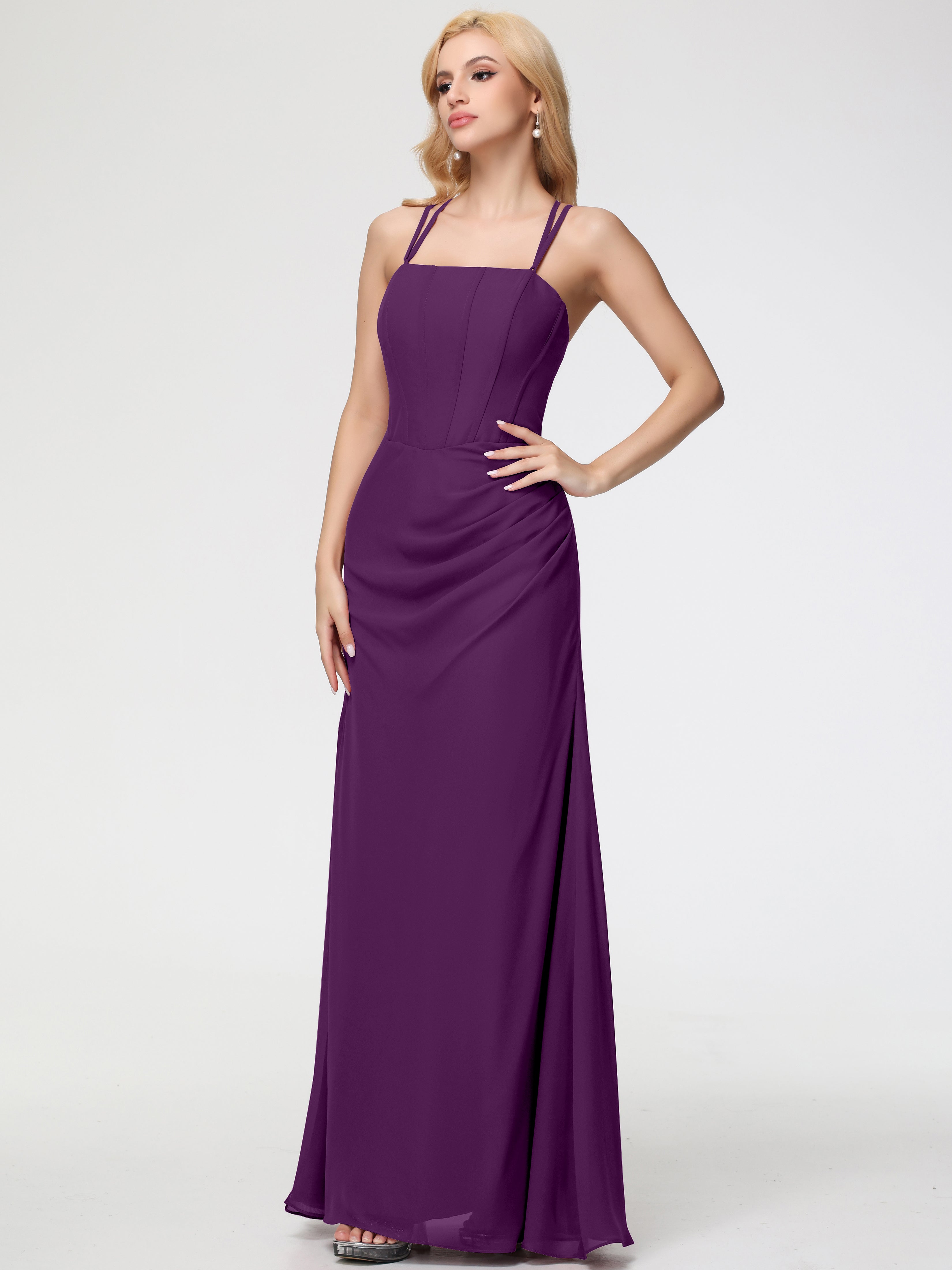 Robes De Demoiselle D'Honneur En Raisin Bretelles Spaghetti Fourreau Mousseline Robe Demoiselle D'Honneur
