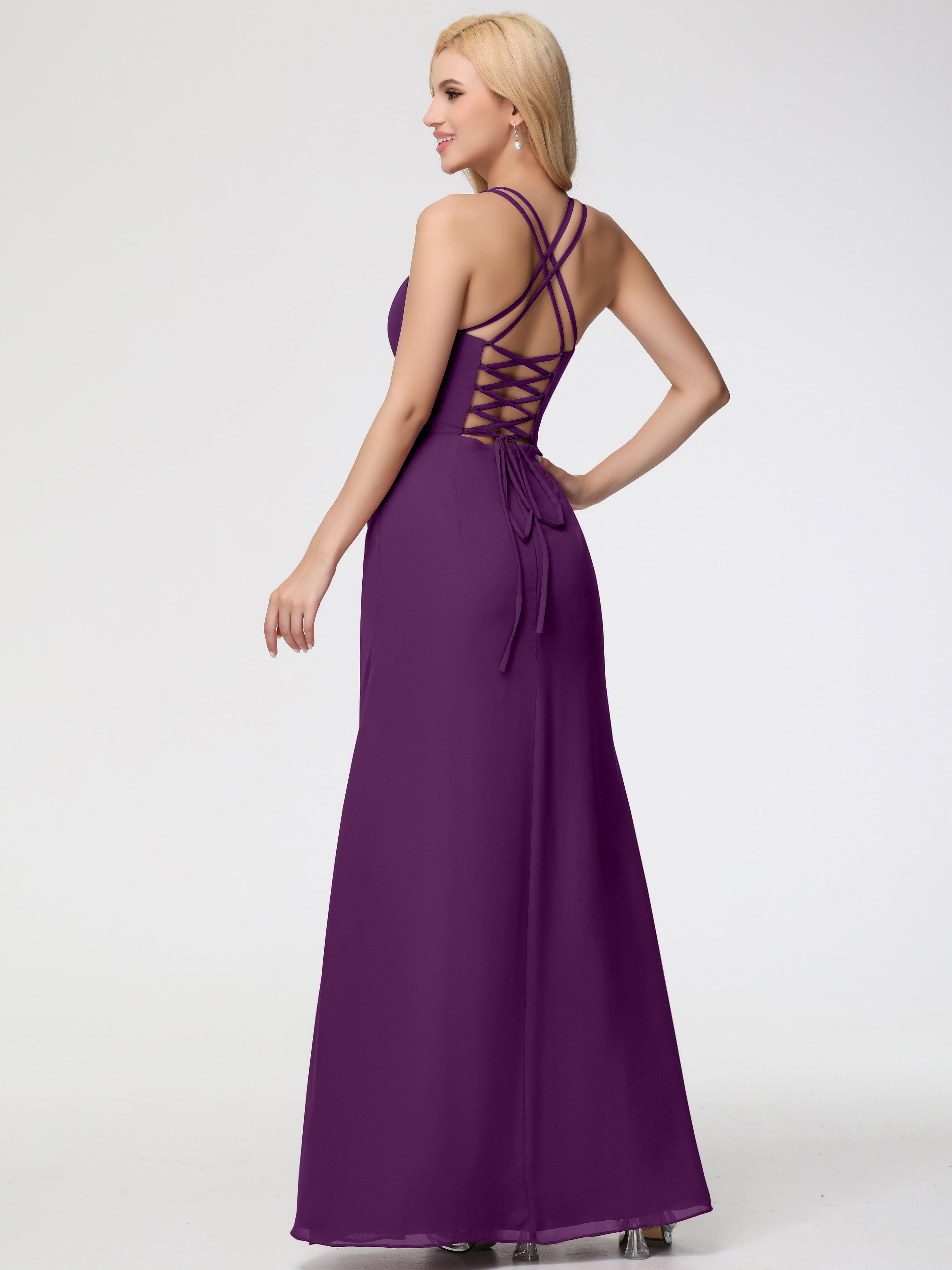 Robes De Demoiselle D'Honneur En Raisin Bretelles Spaghetti Fourreau Mousseline Robe Demoiselle D'Honneur