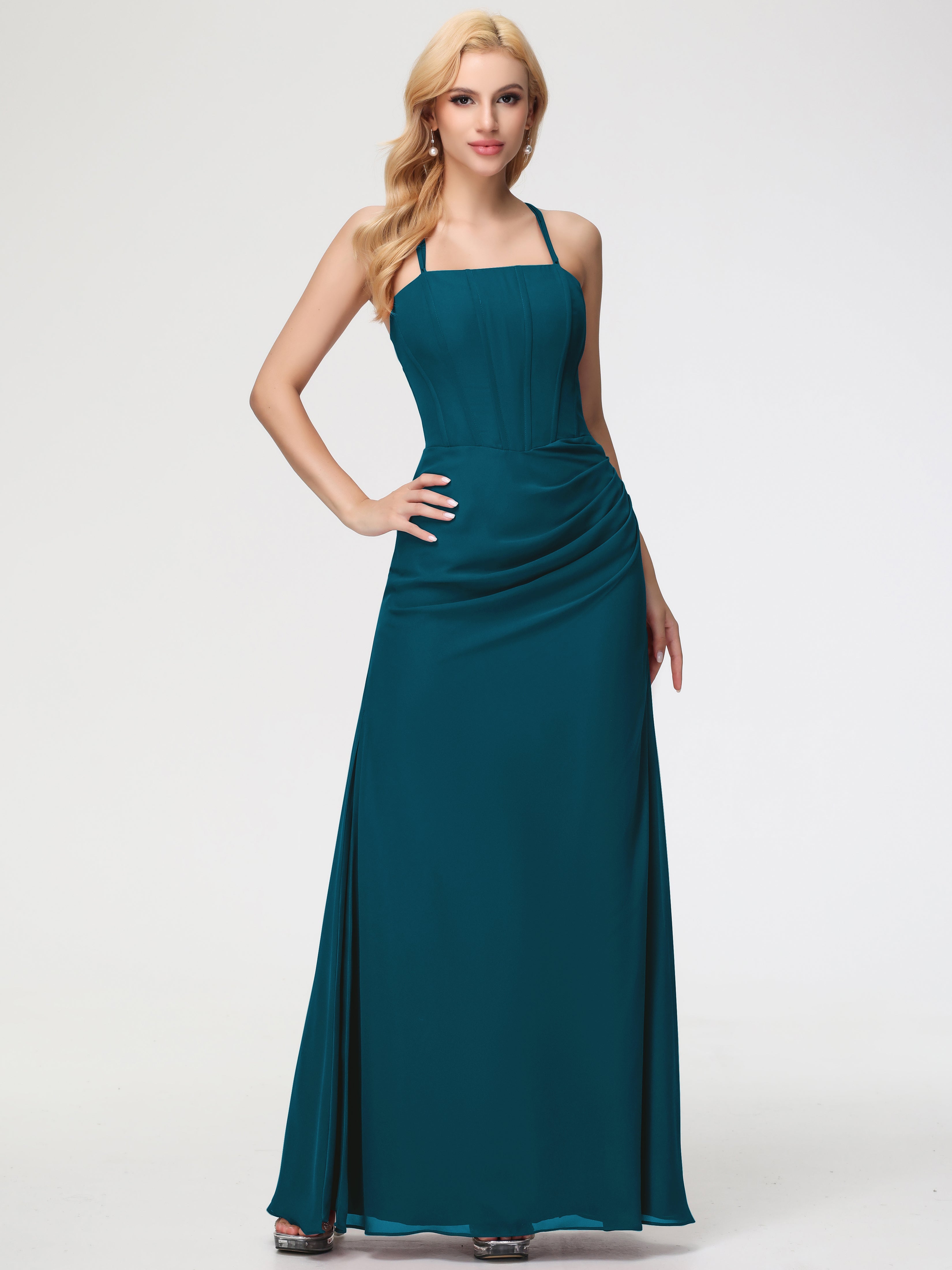 Robe De Demoiselle D'Honneur Bleu Encre Bretelles Spaghetti Fourreau Mousseline Robe Demoiselle D'Honneur