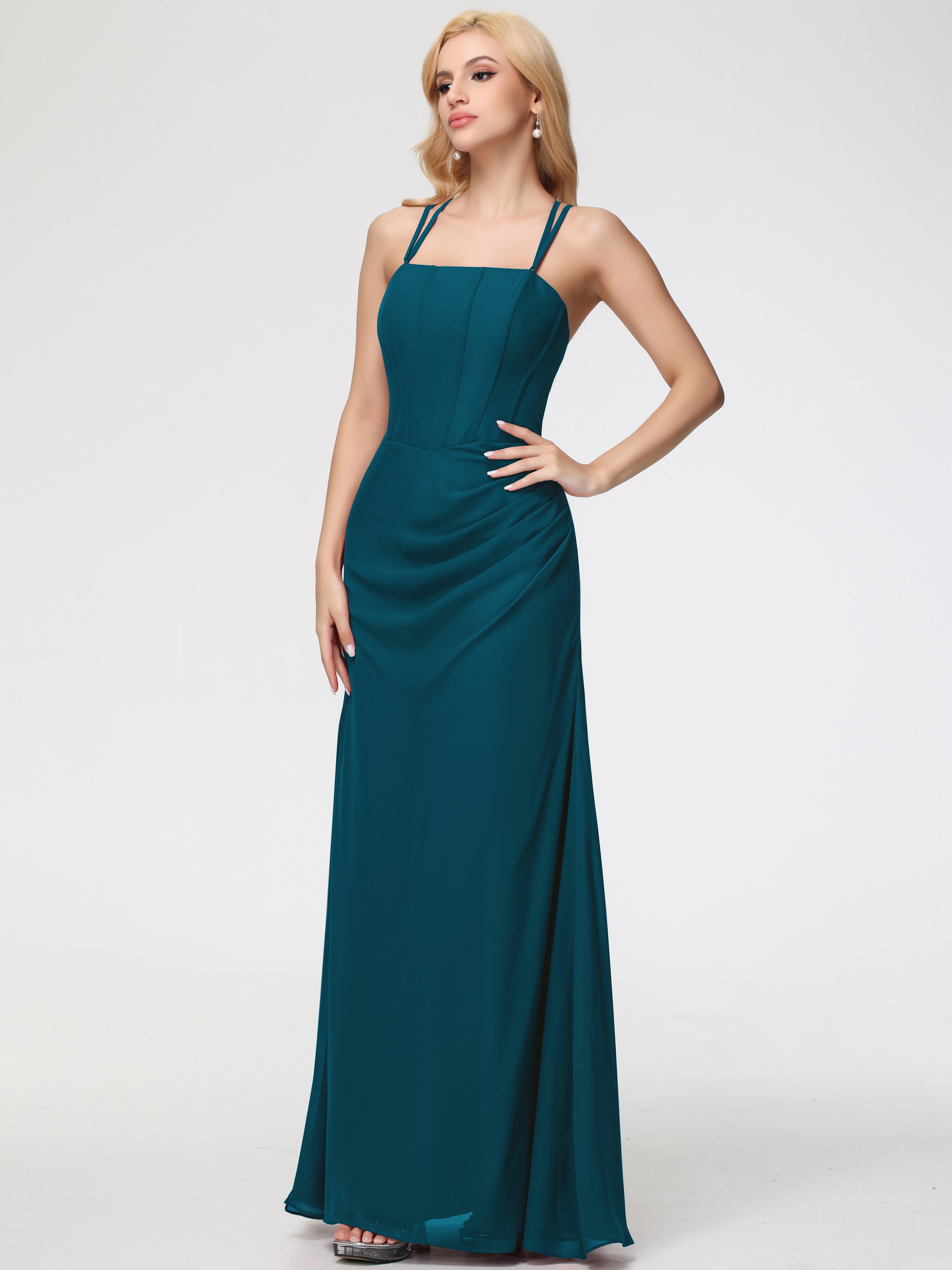 Robe De Demoiselle D'Honneur Bleu Encre Bretelles Spaghetti Fourreau Mousseline Robe Demoiselle D'Honneur