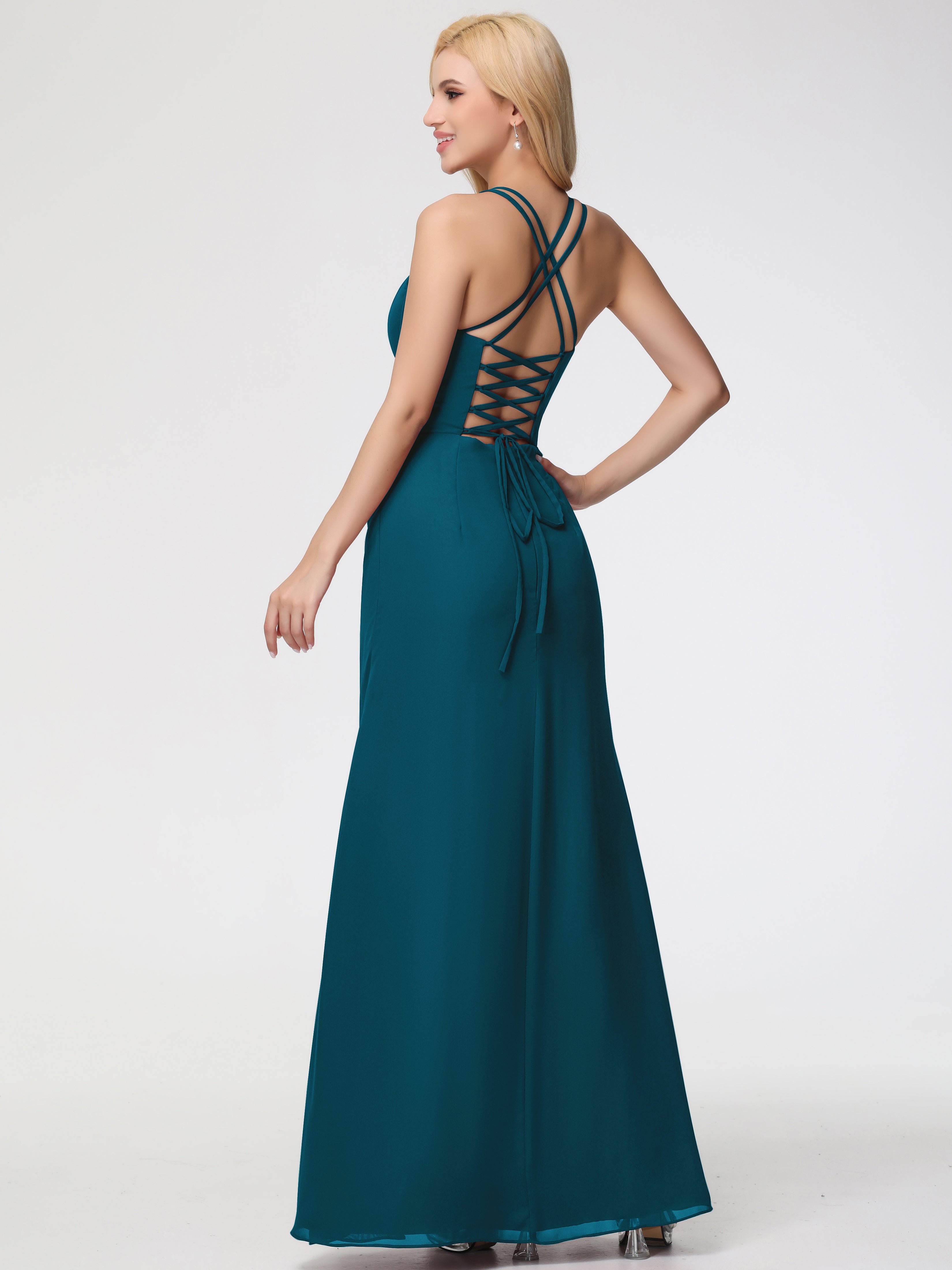 Robe De Demoiselle D'Honneur Bleu Encre Bretelles Spaghetti Fourreau Mousseline Robe Demoiselle D'Honneur