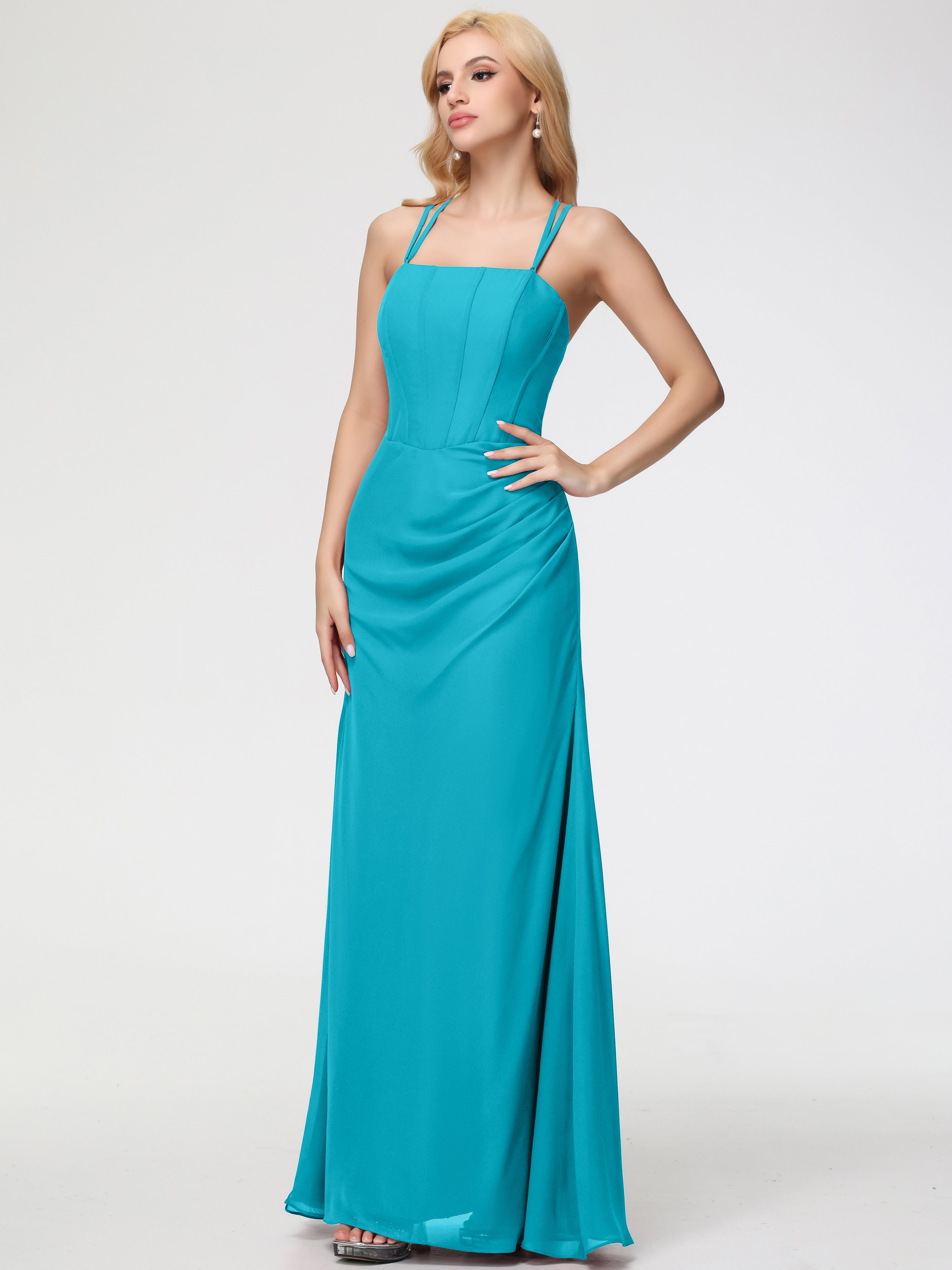 Robes De Demoiselle D'Honneur Vert Jade Bretelles Spaghetti Fourreau Mousseline Robe Demoiselle D'Honneur