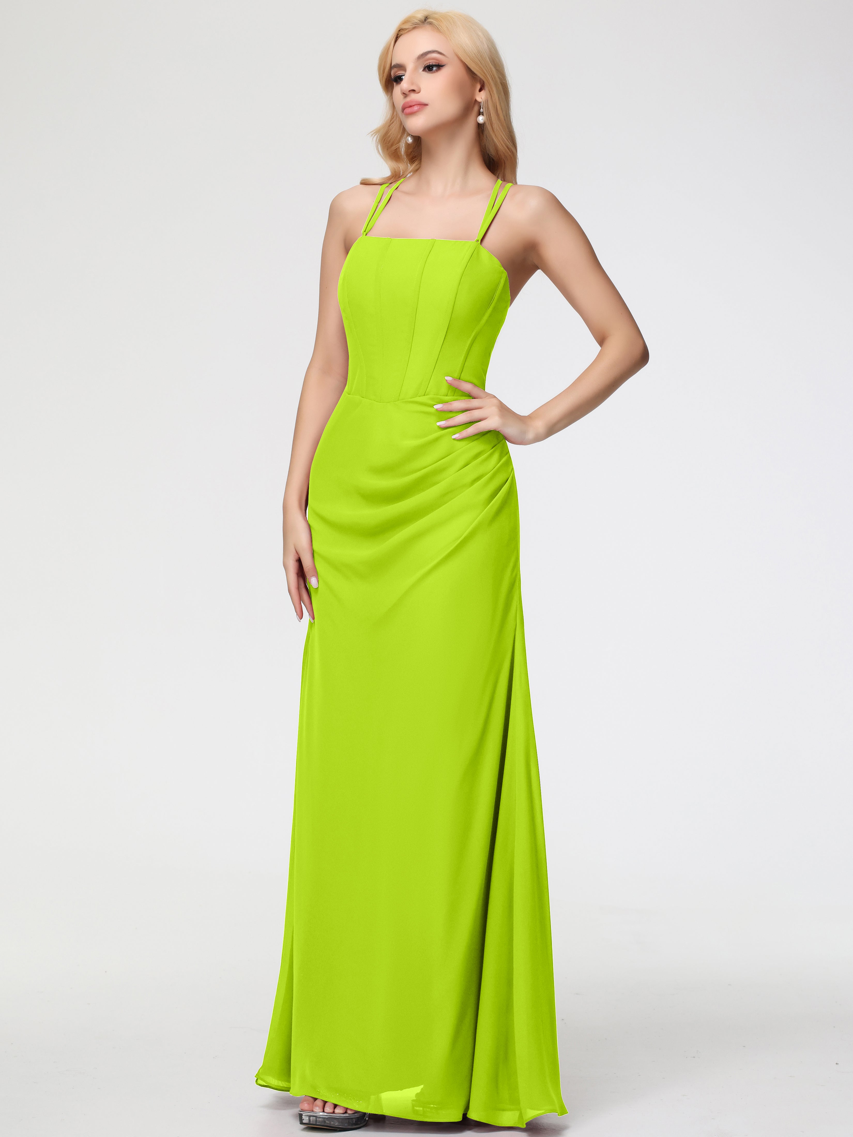 Robes De Demoiselle D'Honneur Vert Citron Bretelles Spaghetti Fourreau Mousseline Robe Demoiselle D'Honneur