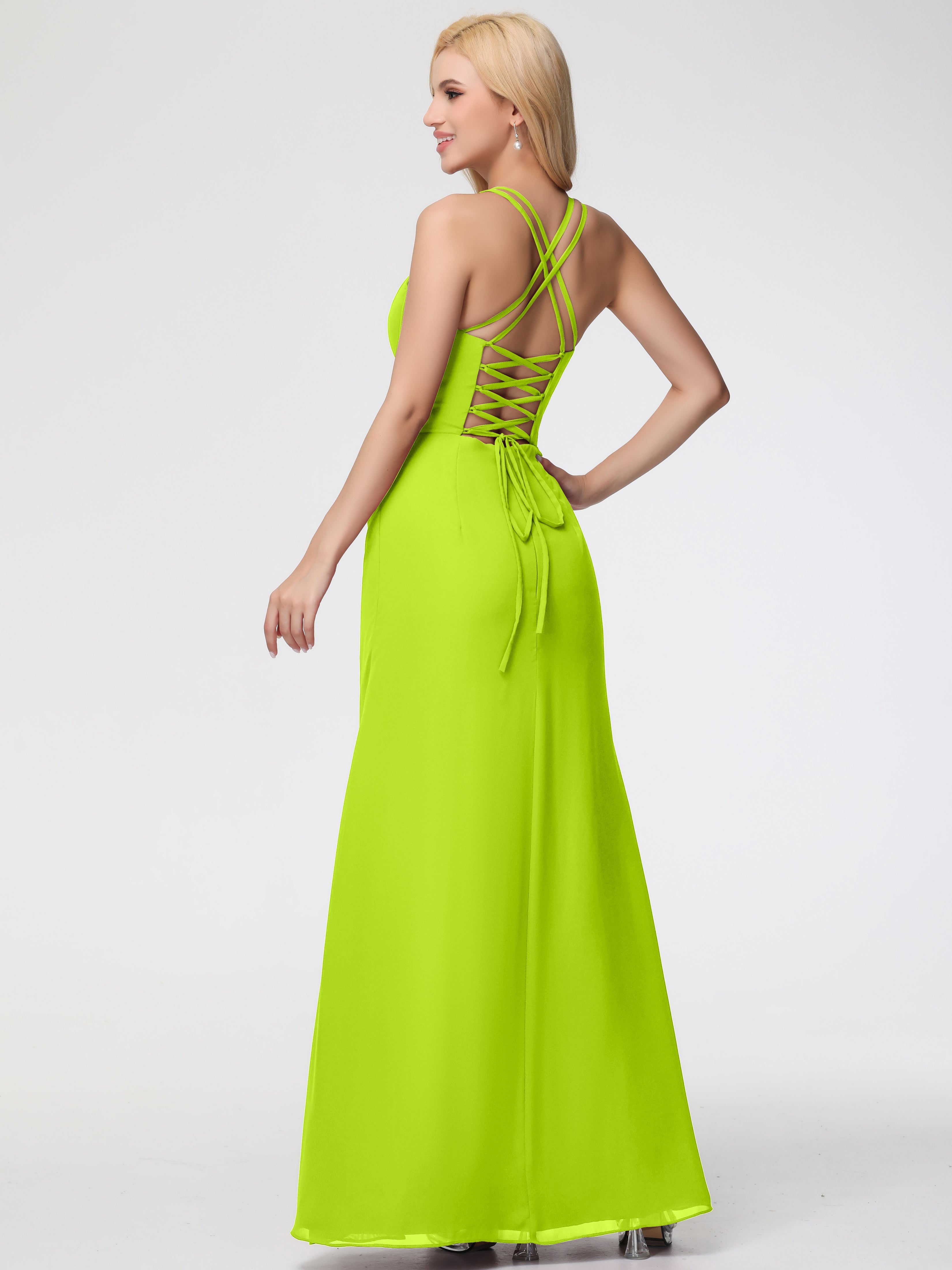 Robes De Demoiselle D'Honneur Vert Citron Bretelles Spaghetti Fourreau Mousseline Robe Demoiselle D'Honneur