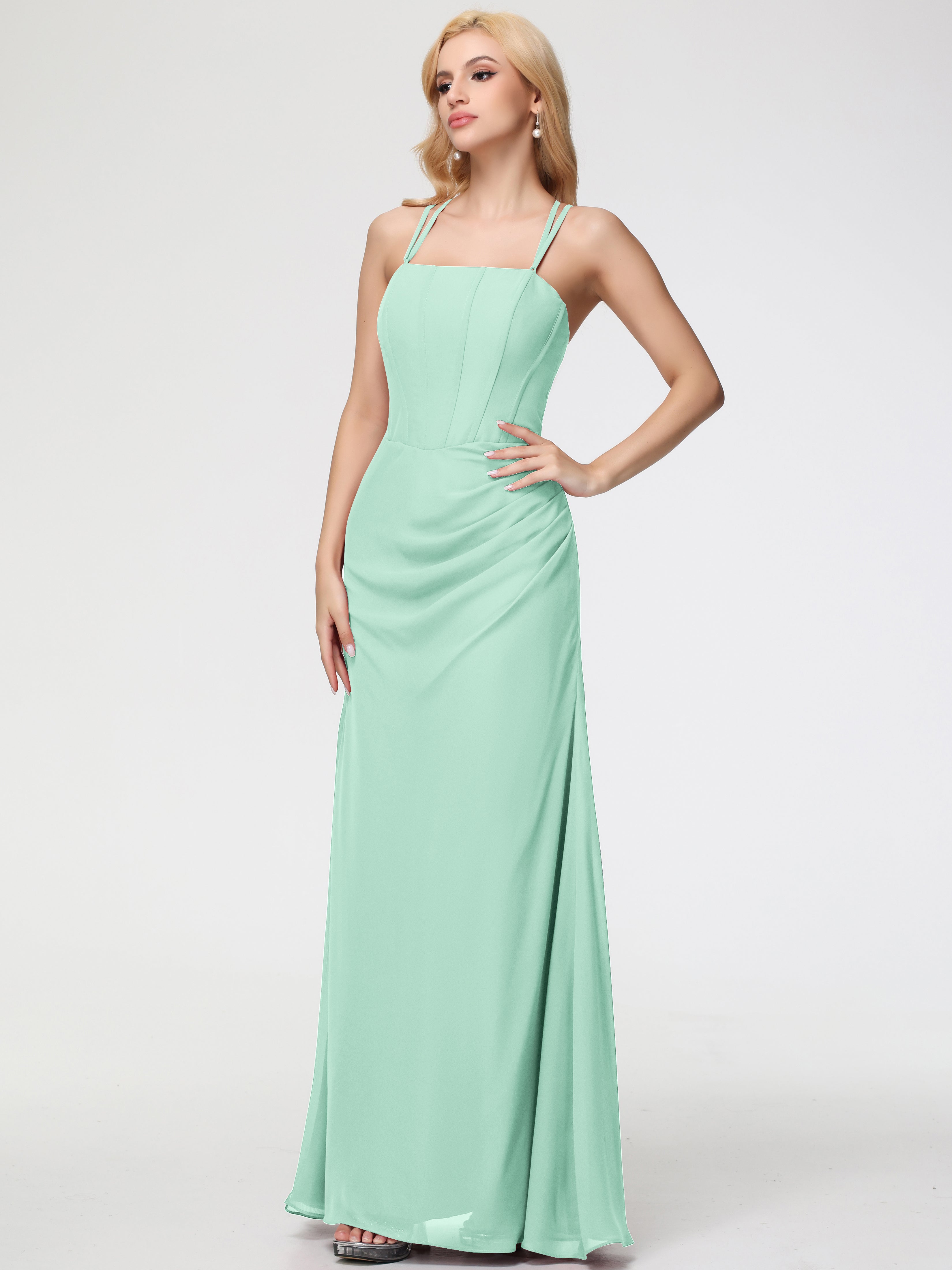 Robe Vert Menthe Demoiselle D Honneur Bretelles Spaghetti Fourreau Mousseline Robe Demoiselle D'Honneur
