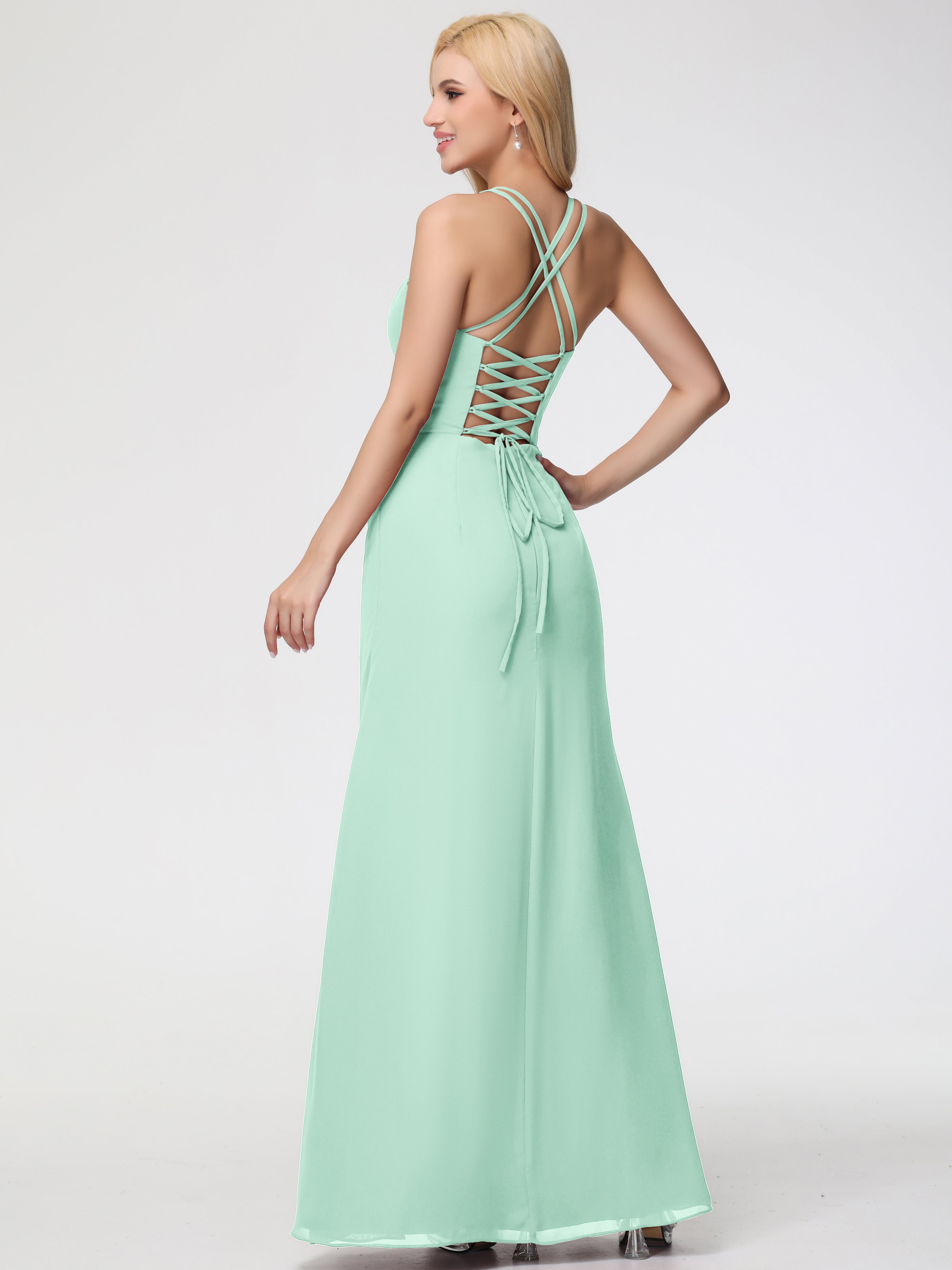 Robe Vert Menthe Demoiselle D Honneur Bretelles Spaghetti Fourreau Mousseline Robe Demoiselle D'Honneur