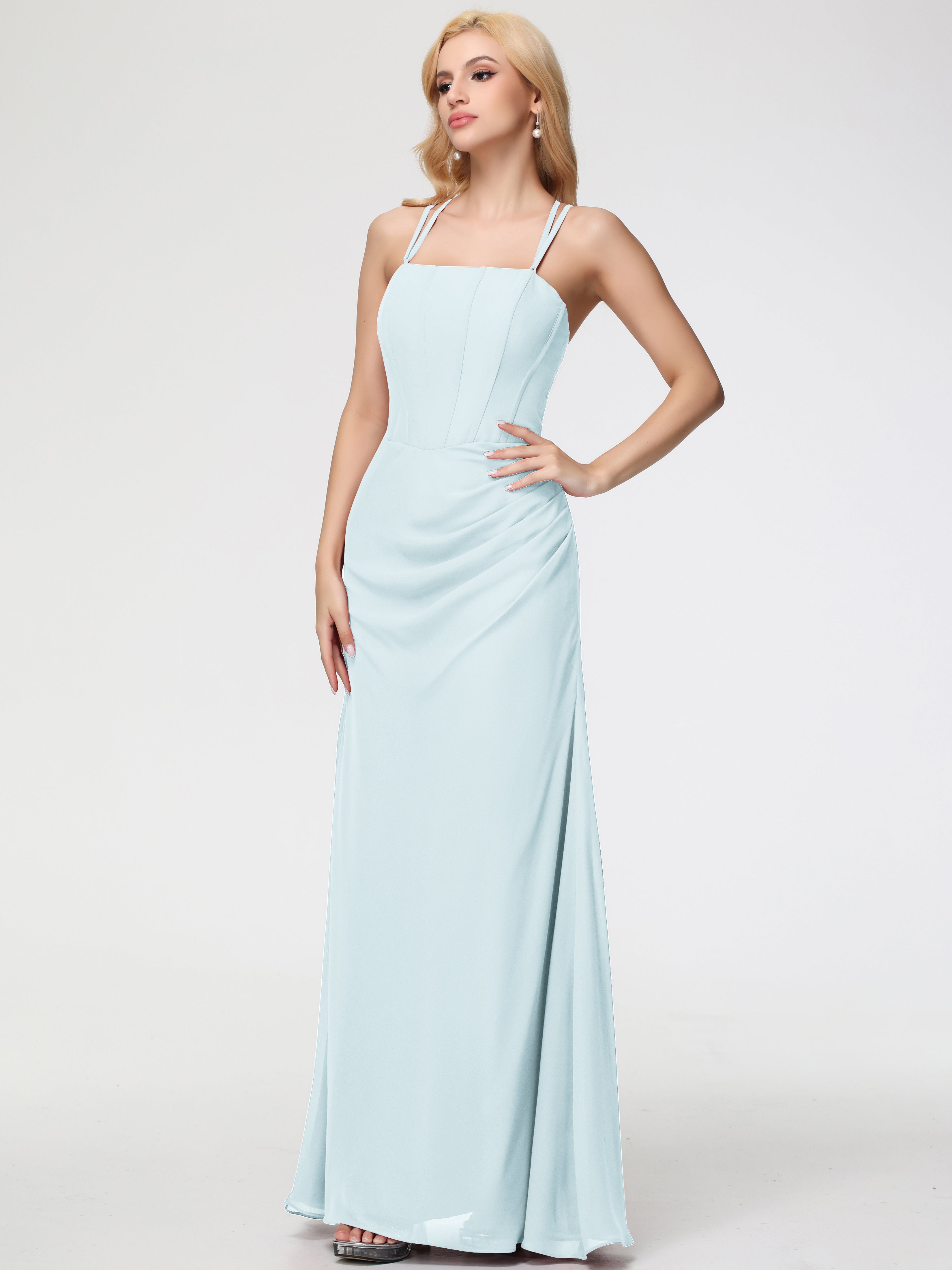 Robe De Demoiselle D'Honneur Brume Bretelles Spaghetti Fourreau Mousseline Robe Demoiselle D'Honneur