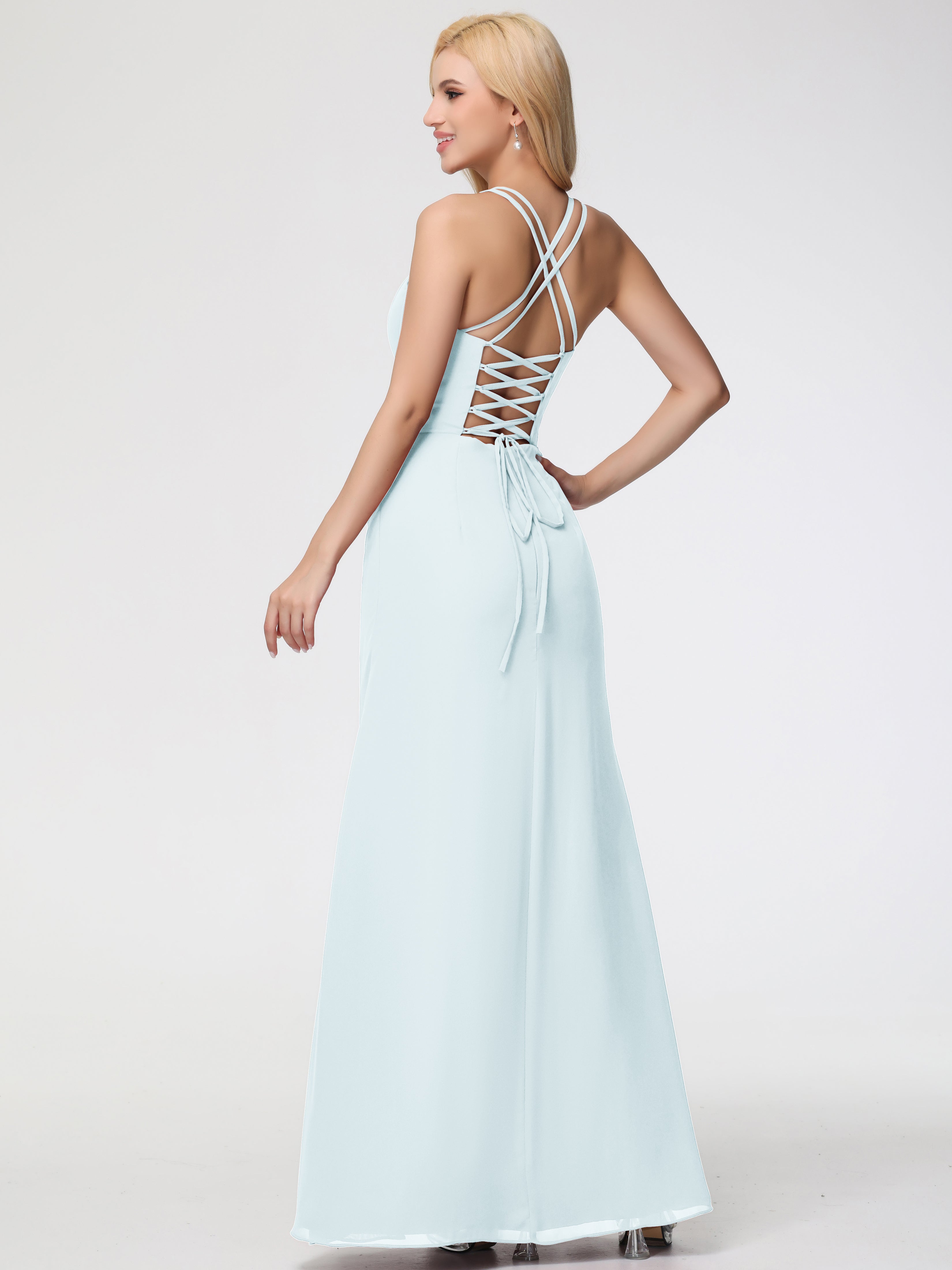 Robe De Demoiselle D'Honneur Brume Bretelles Spaghetti Fourreau Mousseline Robe Demoiselle D'Honneur