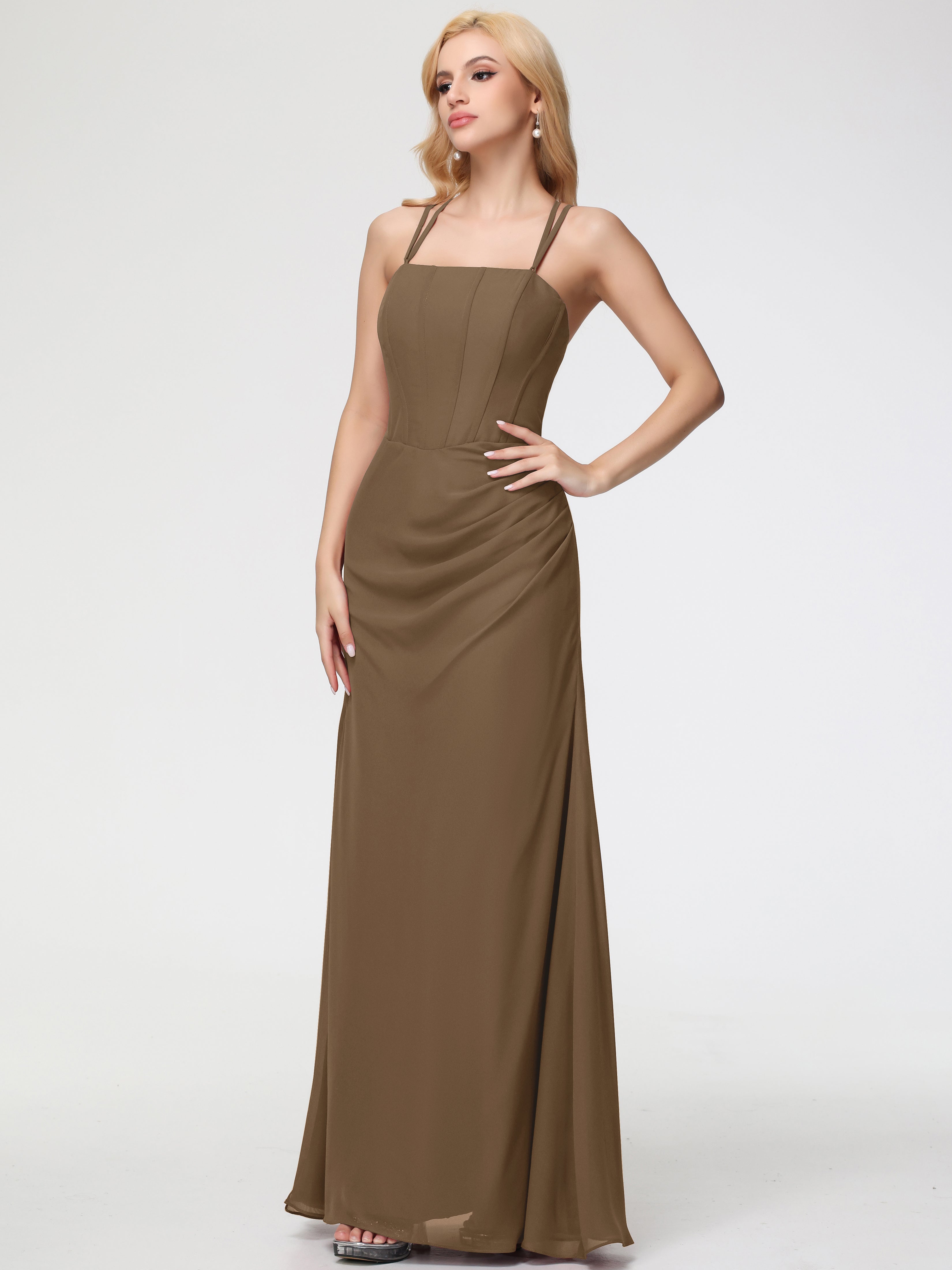 Robe De Demoiselle D'Honneur Moka Bretelles Spaghetti Fourreau Mousseline Robe Demoiselle D'Honneur